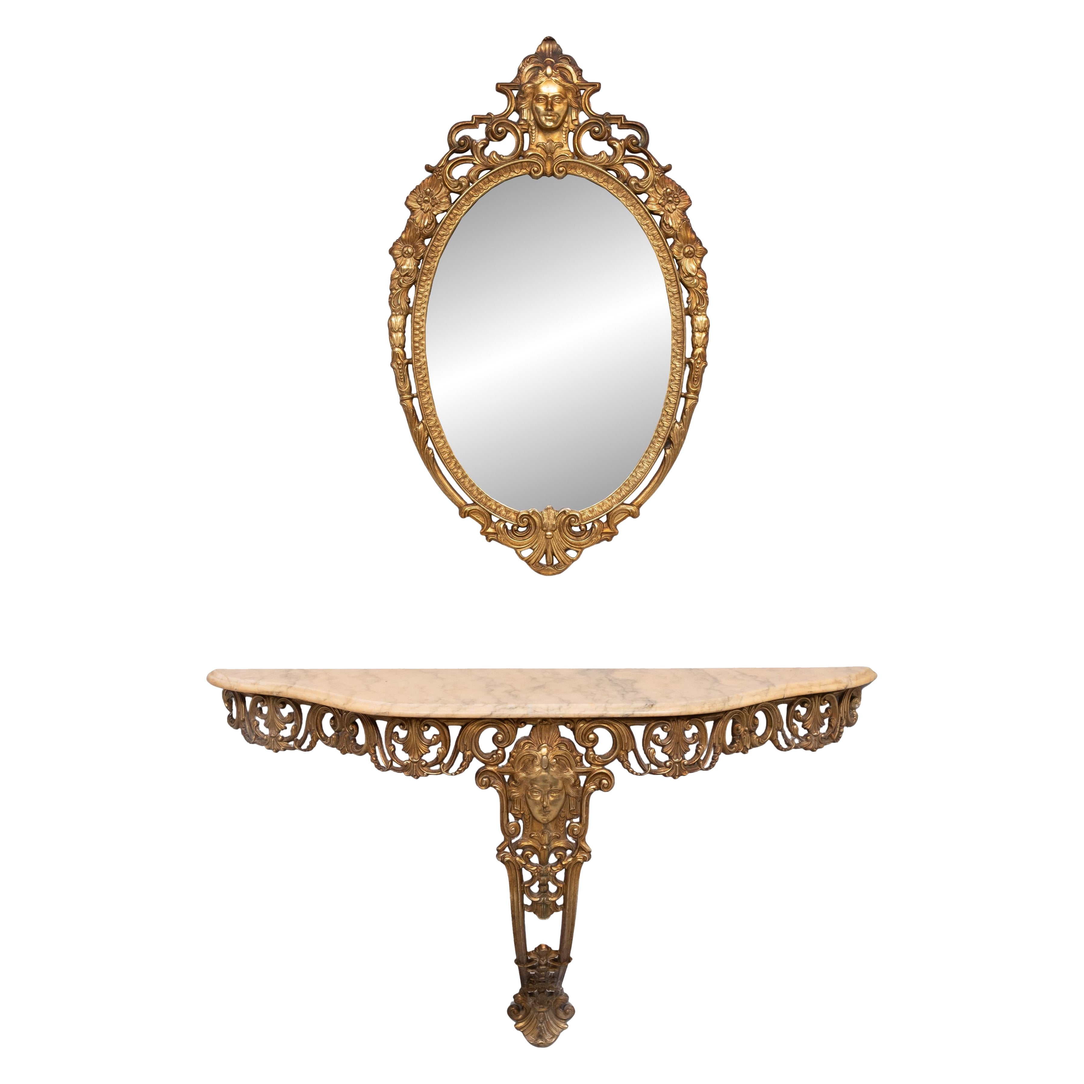 Classic gilded Brass console with oval mirror  1950s Italy