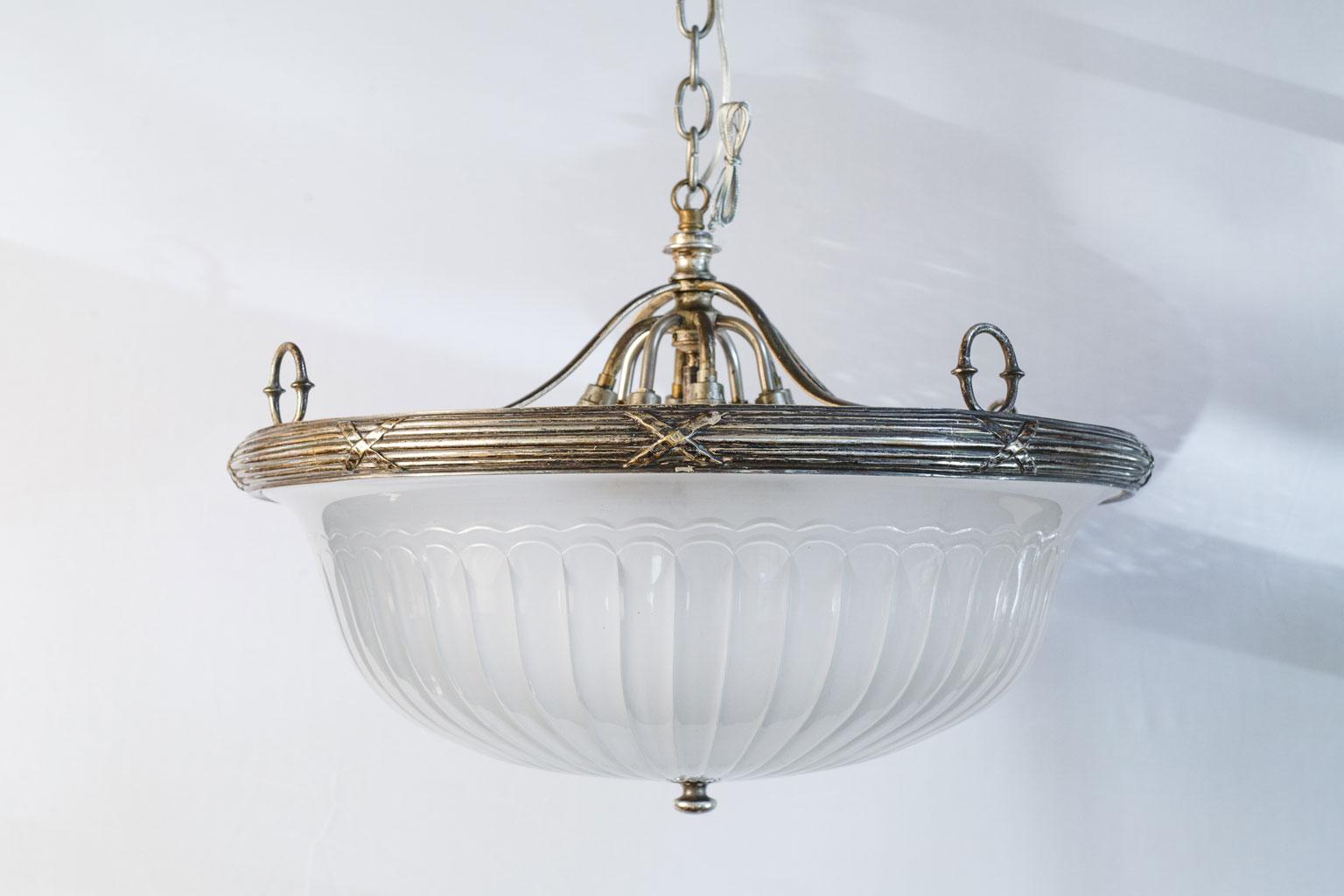 Neoclassical French Art Deco Frosted Glass and Silver-Plated Pendant of Grand Size