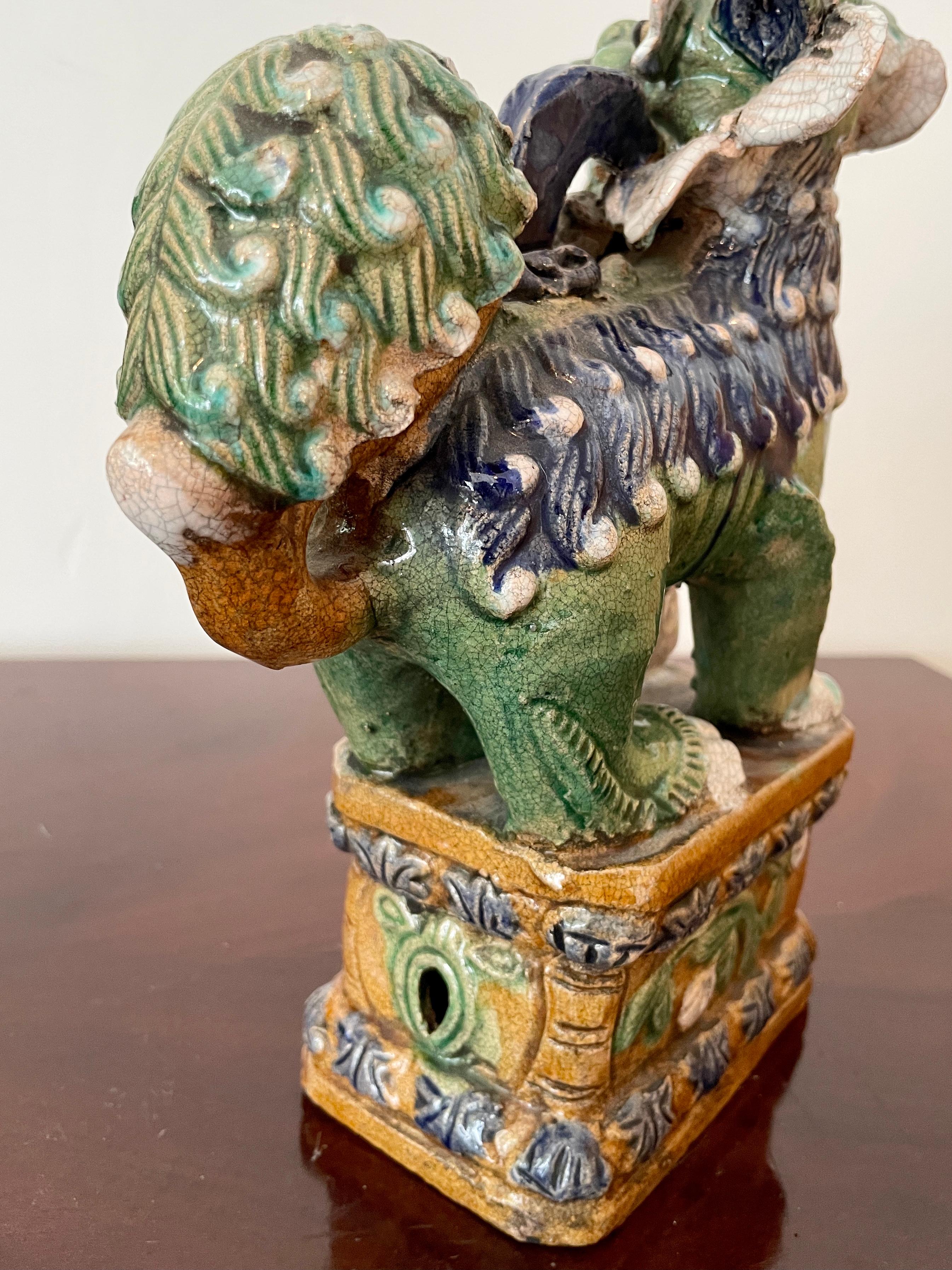 Classic Glazed Terra Cotta Foo Dogs on a Base, a Pair For Sale 3