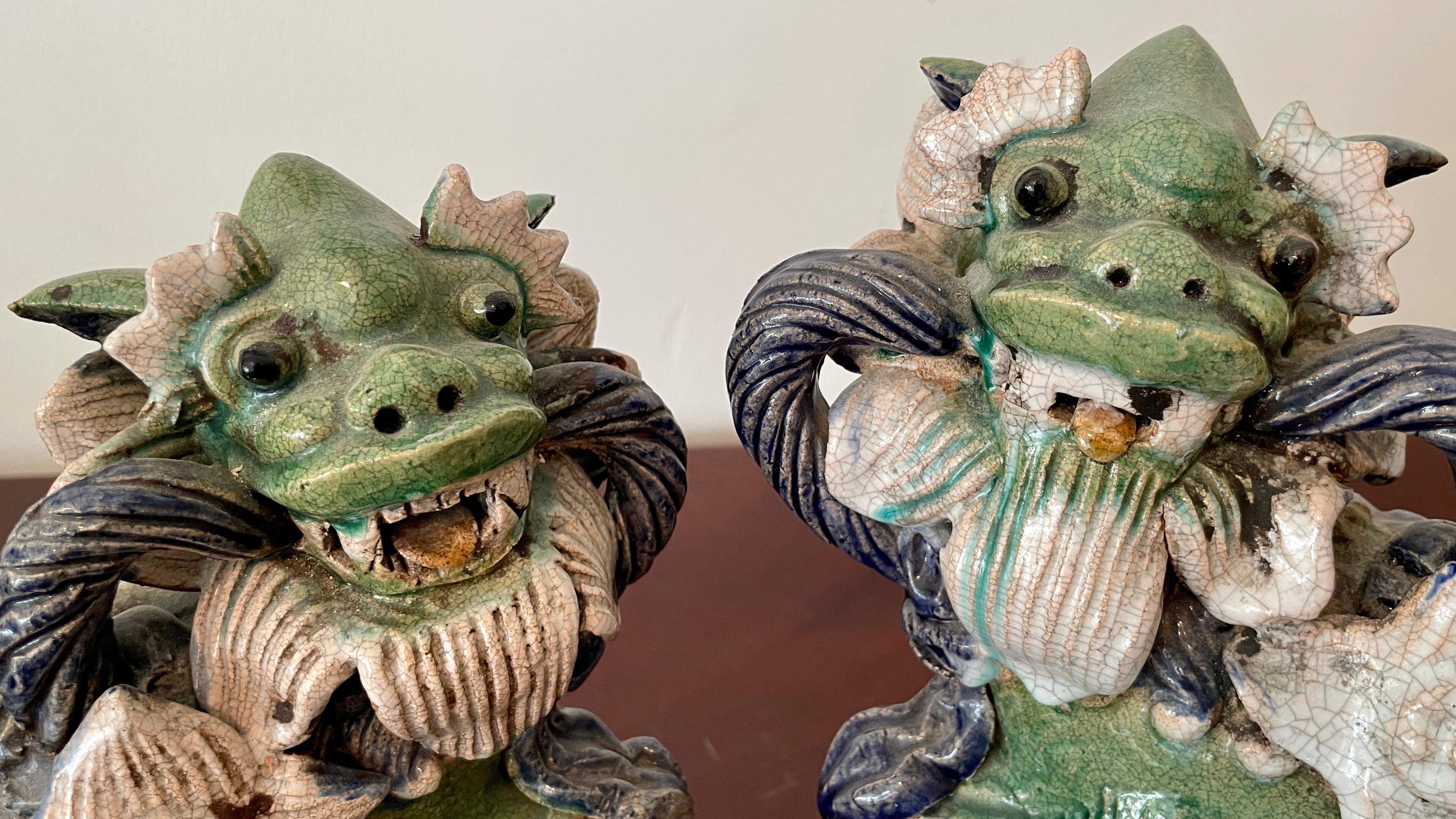 Classic Glazed Terra Cotta Foo Dogs on a Base, a Pair For Sale 1