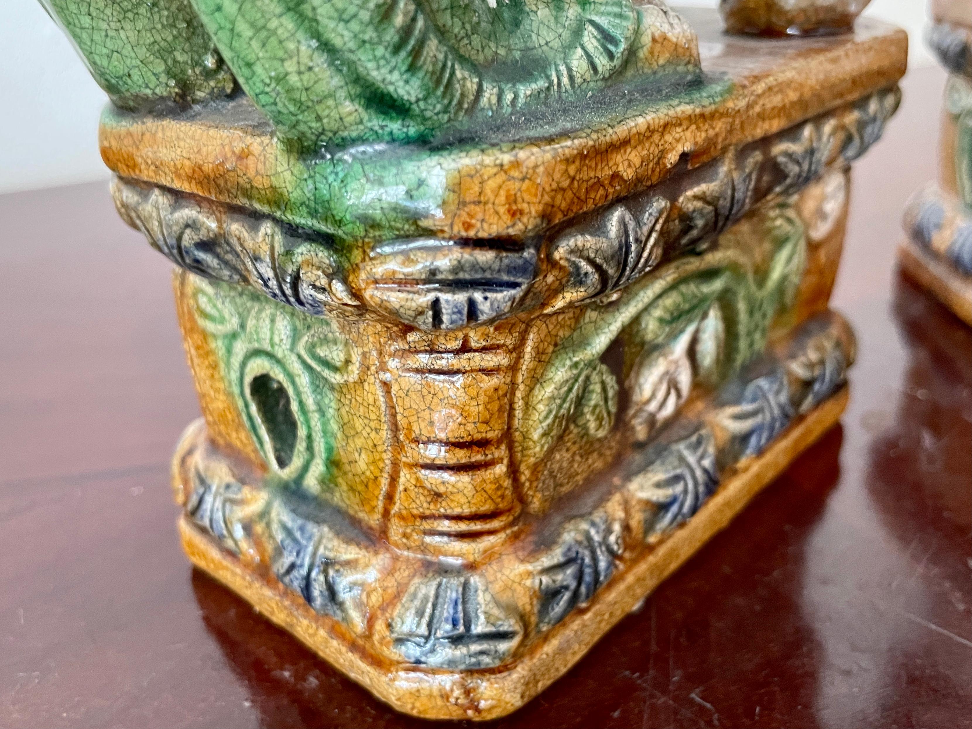 Classic Glazed Terra Cotta Foo Dogs on a Base, a Pair For Sale 2