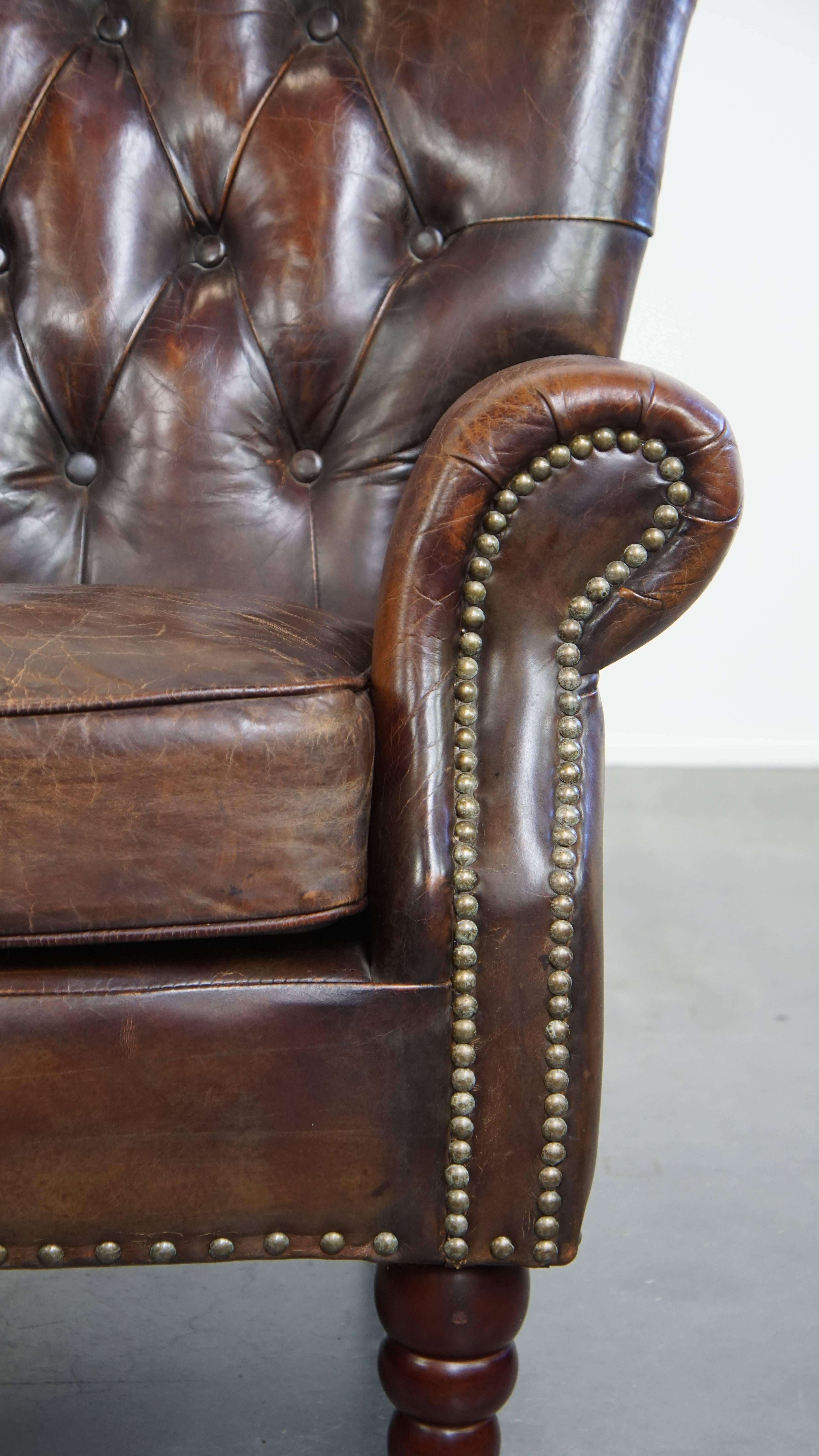 Poltrona Chesterfield in pelle di vacchetta color cognac a grana classica in vendita 5