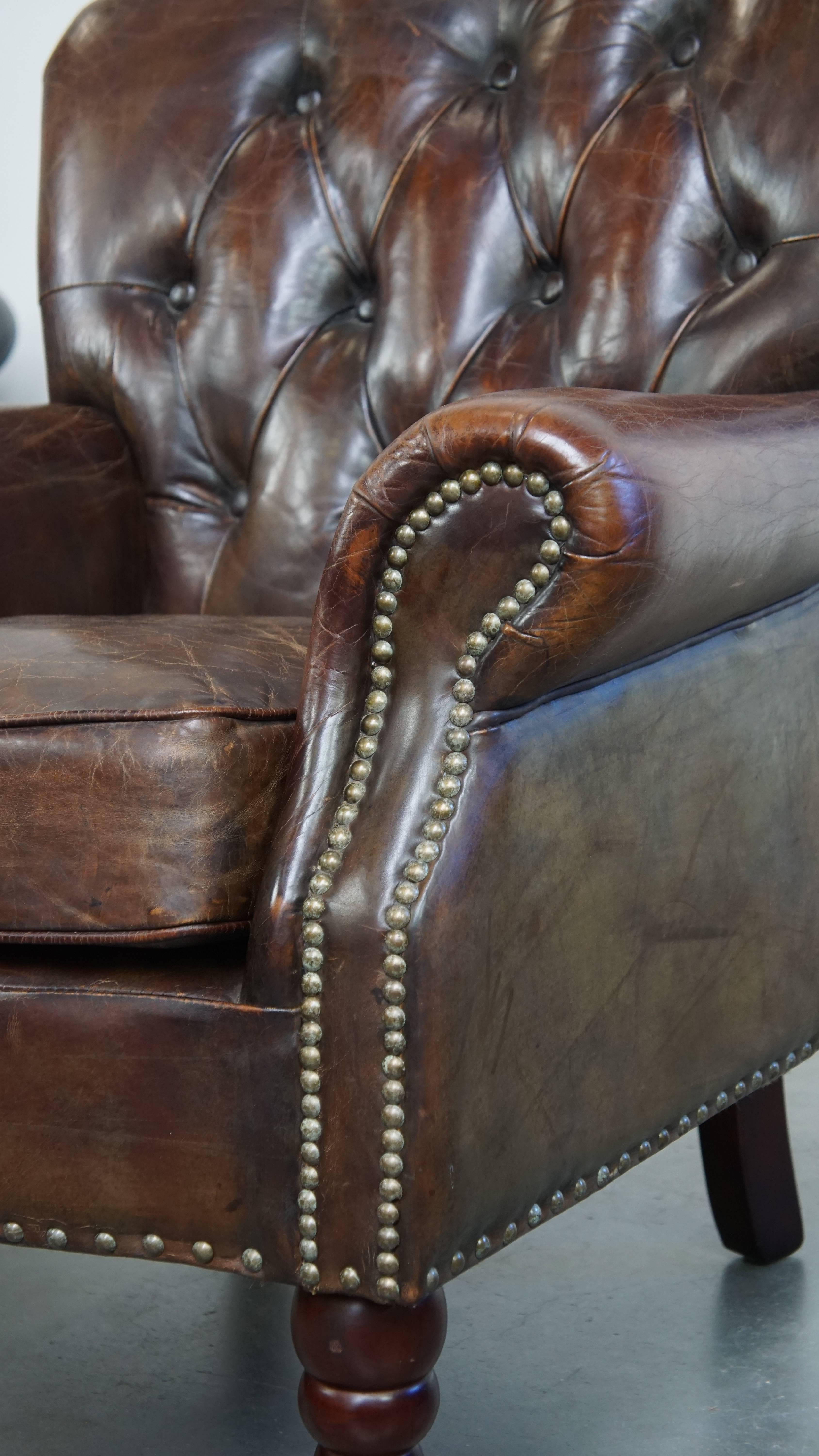 Poltrona Chesterfield in pelle di vacchetta color cognac a grana classica in vendita 6