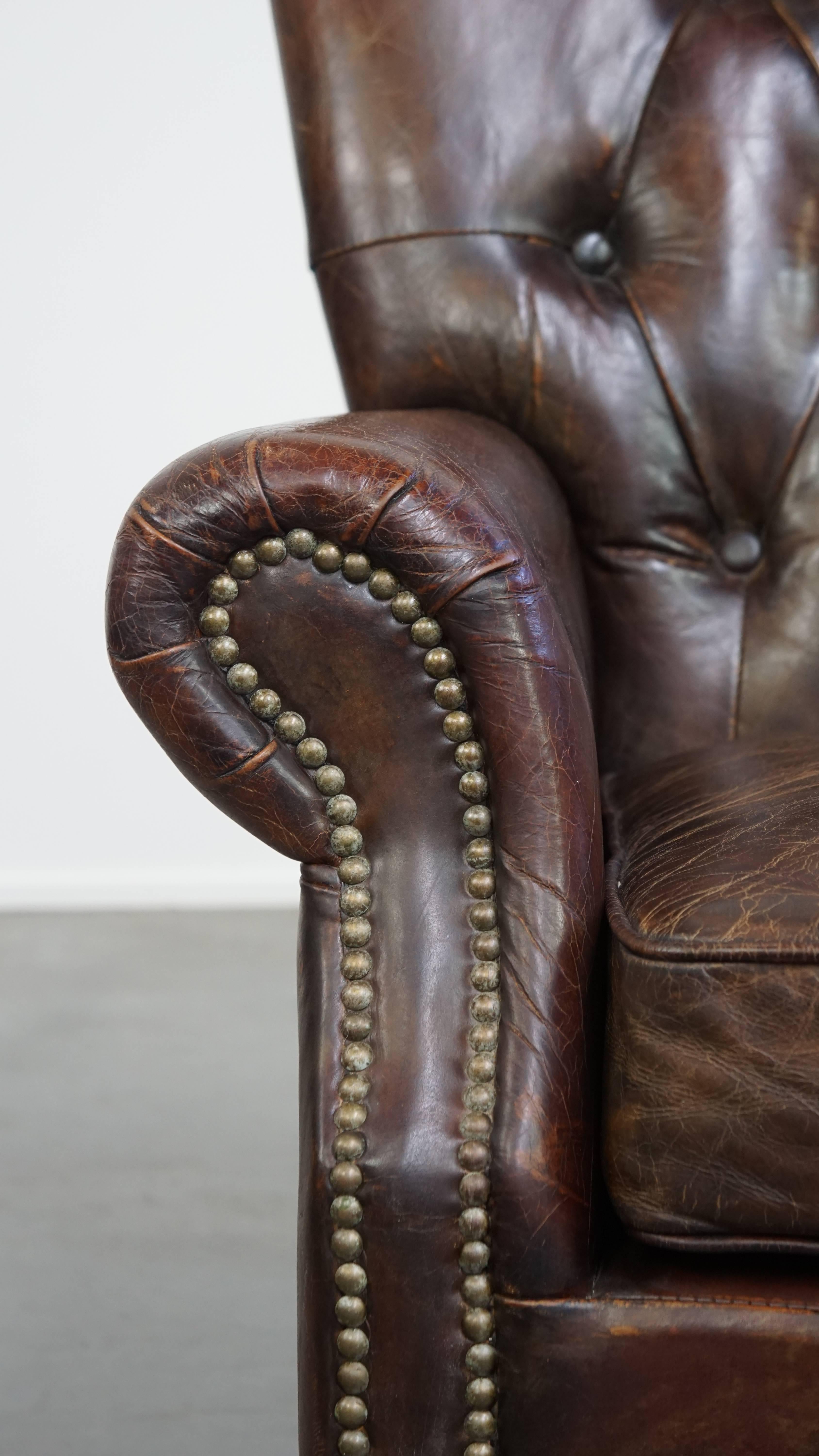 Poltrona Chesterfield in pelle di vacchetta color cognac a grana classica in vendita 7