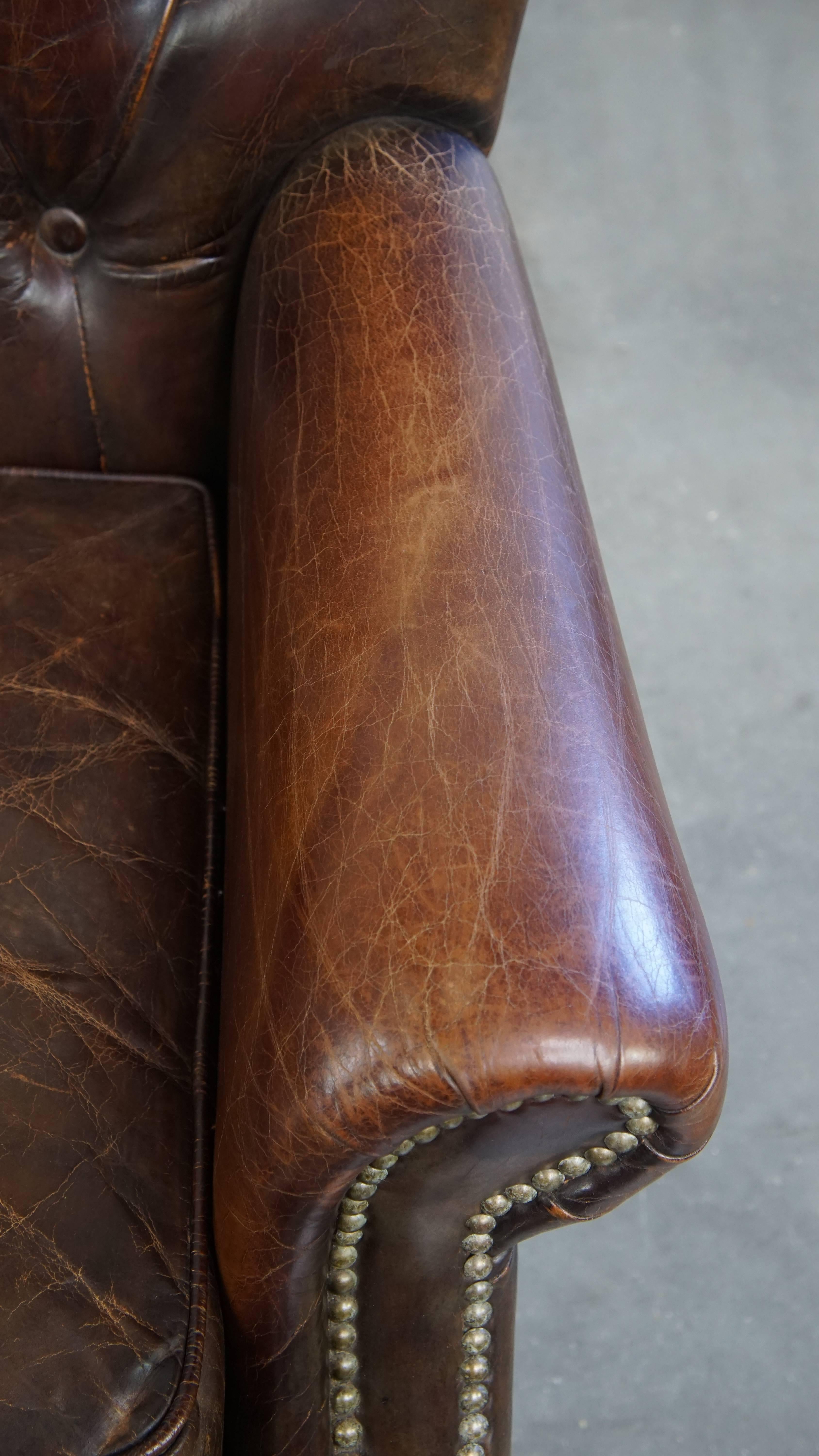 Poltrona Chesterfield in pelle di vacchetta color cognac a grana classica in vendita 3