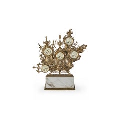 Classic Grandfather Mantel Clock, Patinated Polished Brass and Calacatta Marble