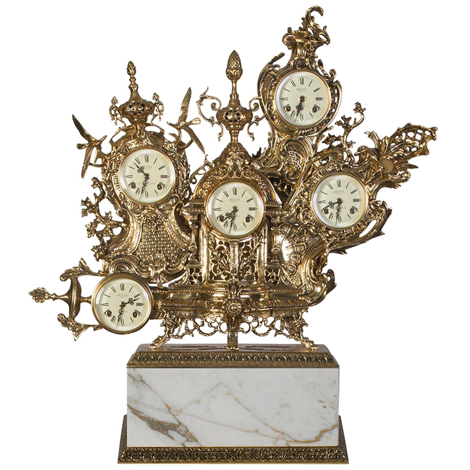 Classic Grandfather Mantel Clock, Patinated Polished Brass and Calacatta Marble