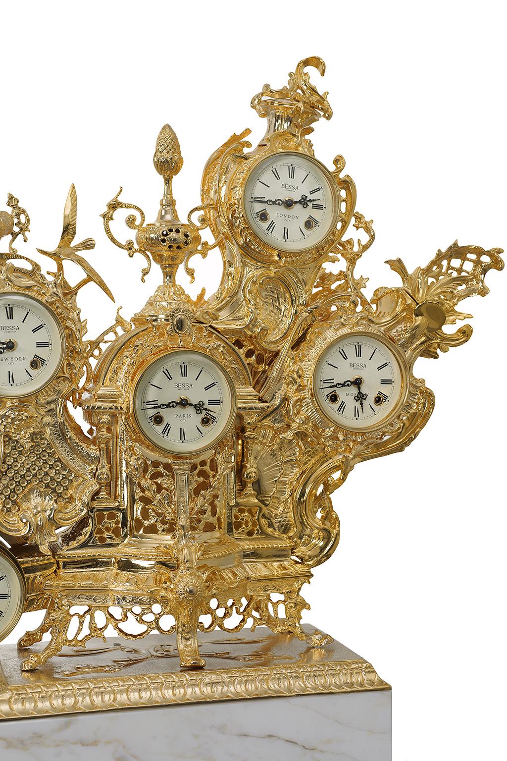 Rococo Classic Grandfather Table Clock, Gold Polished Brass and Calacatta Gold Marble For Sale