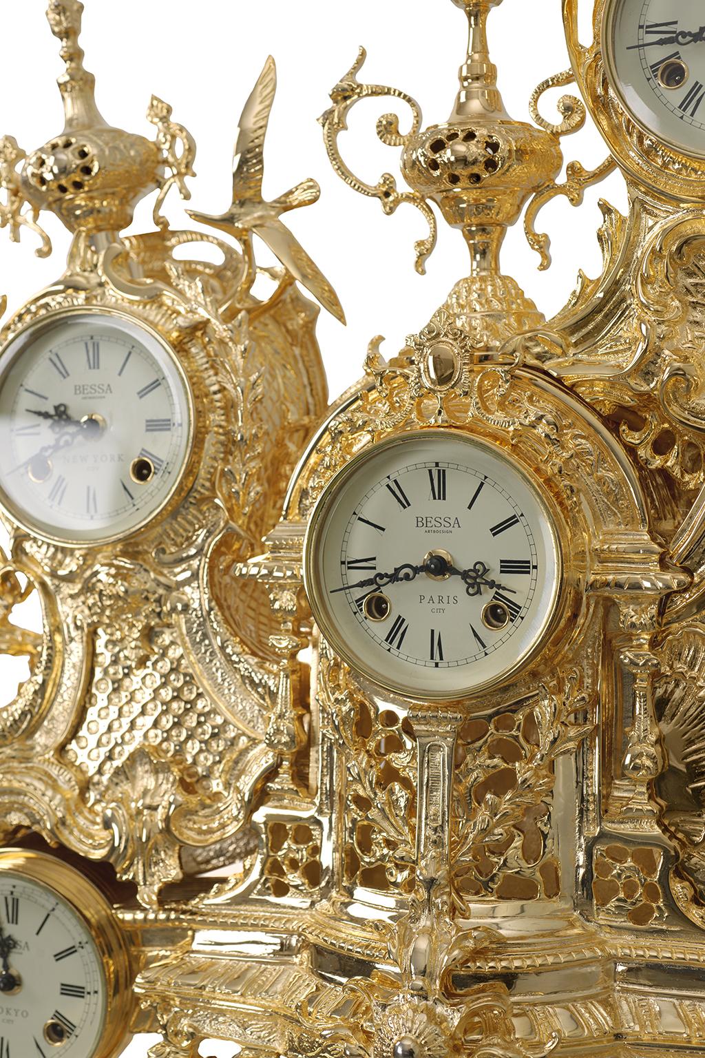 Moulage Horloge de table grand-père Classic, laiton poli or et marbre or Calacatta en vente