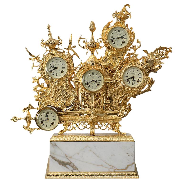 Classic Grandfather Table Clock, Gold Polished Brass and Calacatta Gold Marble