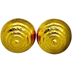 Classic Greek 18K Yellow Gold Hammered Finish Beehive Earrings by Lalaounis