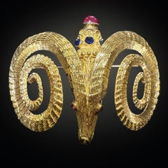 Classic Greek Ram Brooch in 18 Karat Gold with Rubies & Sapphires by Zolotas