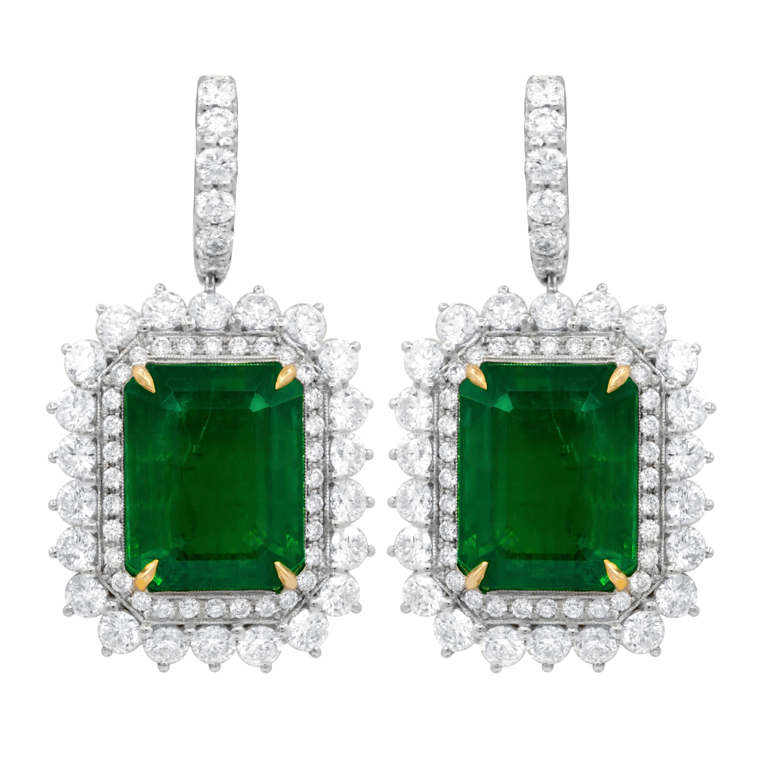 Classic green emerald diamond earrings with GIA certified natural beryl emeralds/ octogonal shape/ 10.16ct & 10.21ct set with 5.70ct of diamonds all around in 18kt white gold. 
