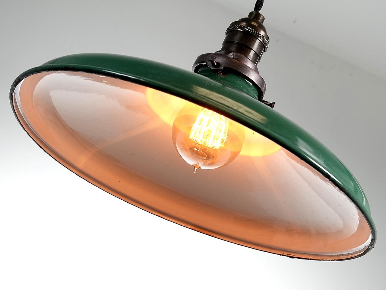 These are classic and early green over white industrial fixtures. They are a bit different having a unique shallow profile.

Note that the main picture shows a group of separate 3 lamps. They are sold and priced per lamp... this way you can