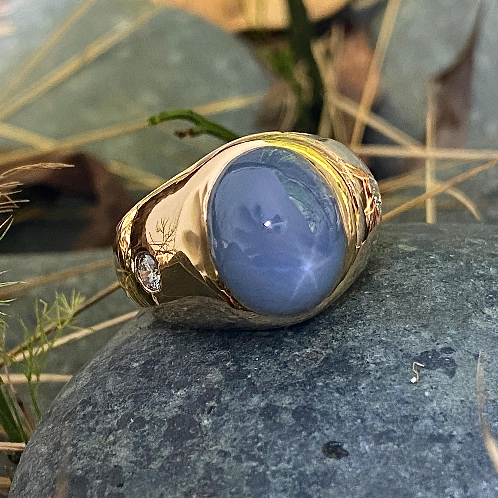 Classic Gypsy Ring with 19 Carat Star Sapphire & Side Diamonds in 18 Karat Gold 2