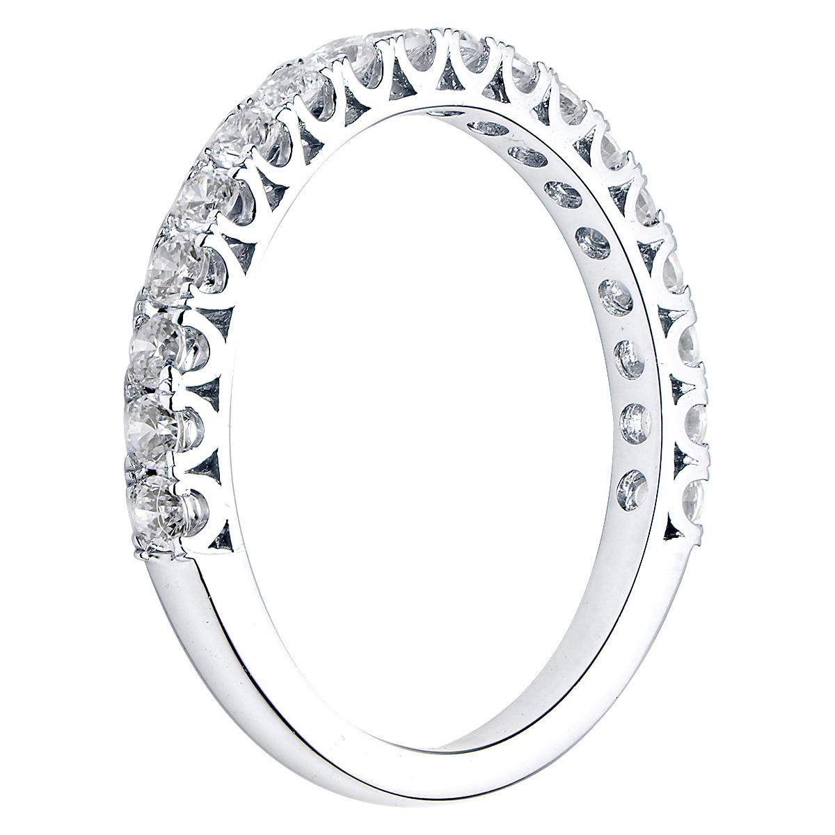 This beautiful classic diamond band has diamonds approximately 2/3 the way around the band that are secured with beautiful prongs. There are 18 round VS2, G color diamonds totaling 0.52 carats which are set in 1.7 grams of 18 karat white gold. This
