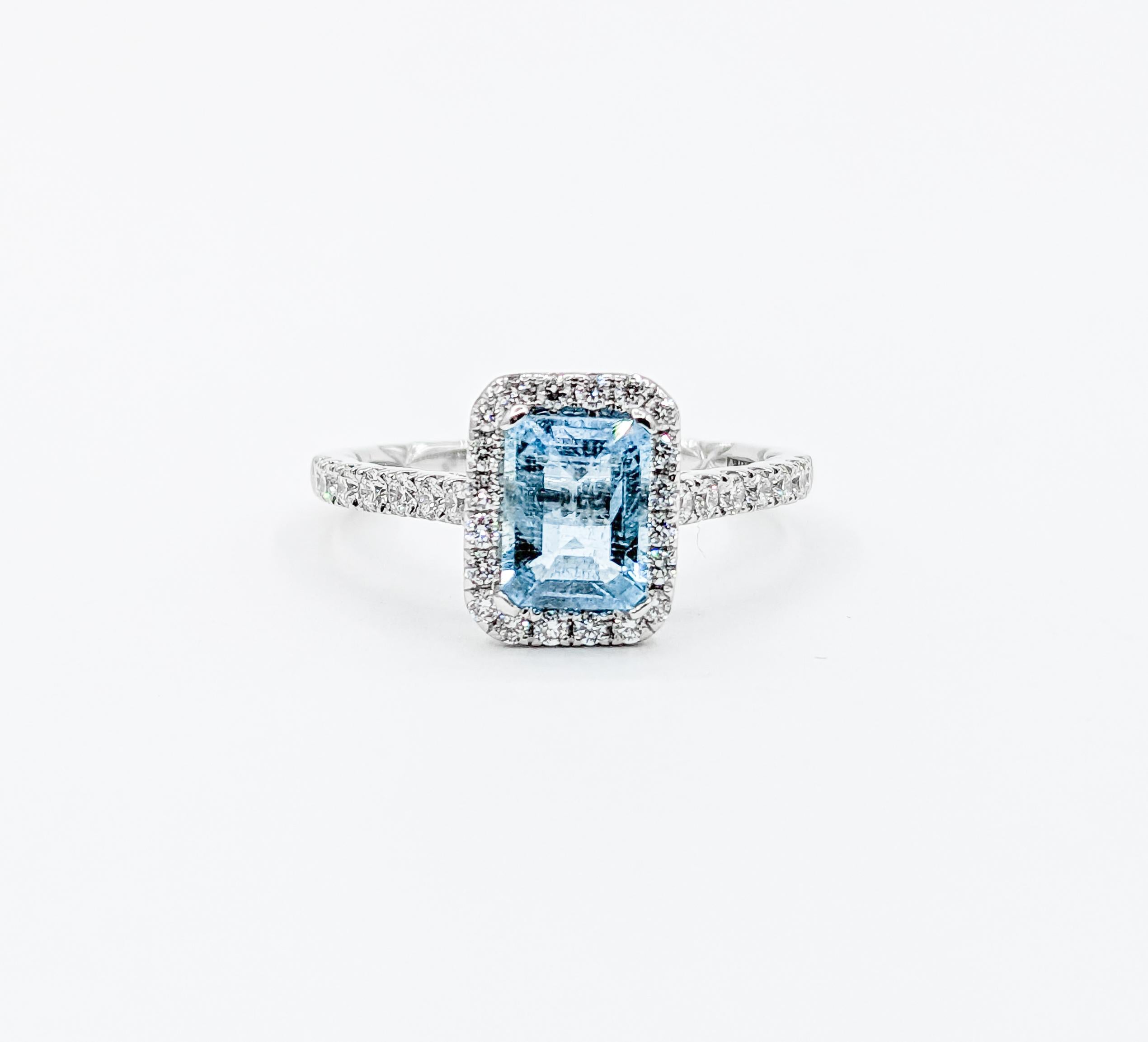 Classic Halo Aquamarine & Diamond Engagement Ring in 14K White Gold For Sale 4