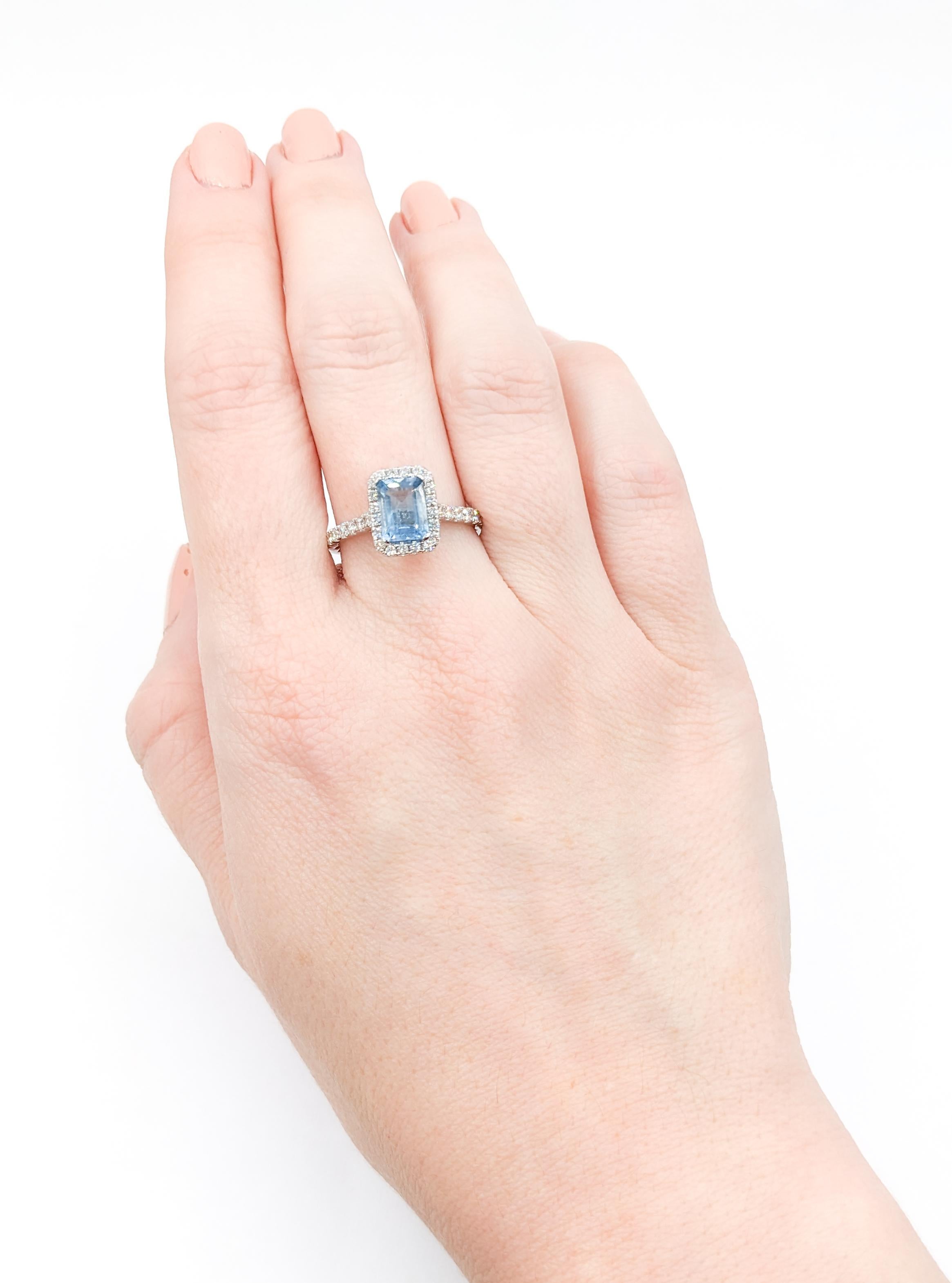 Classic Halo Aquamarine & Diamond Engagement Ring in 14K White Gold For Sale 5