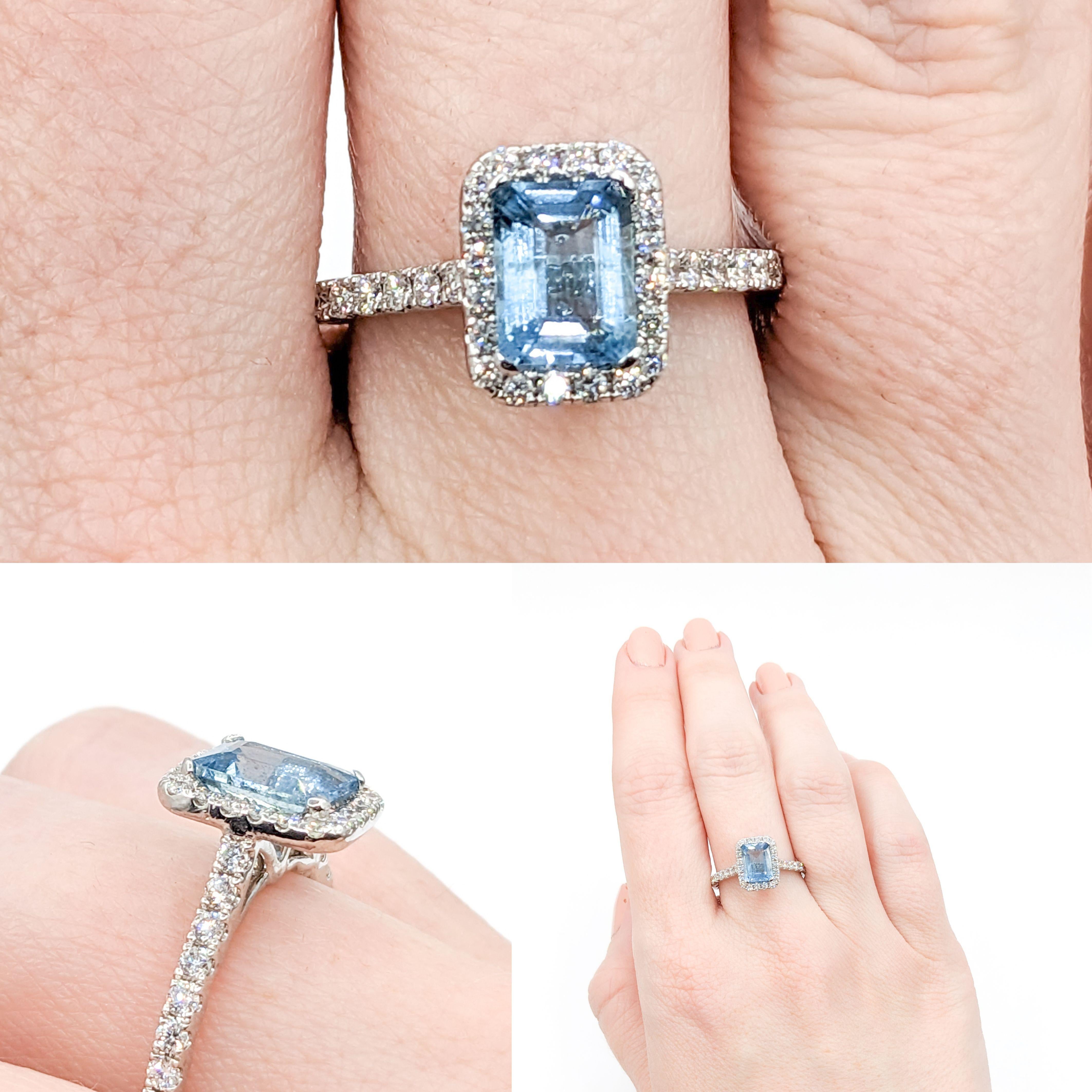 Classic Halo Aquamarine & Diamond Engagement Ring in 14K White Gold For Sale 6