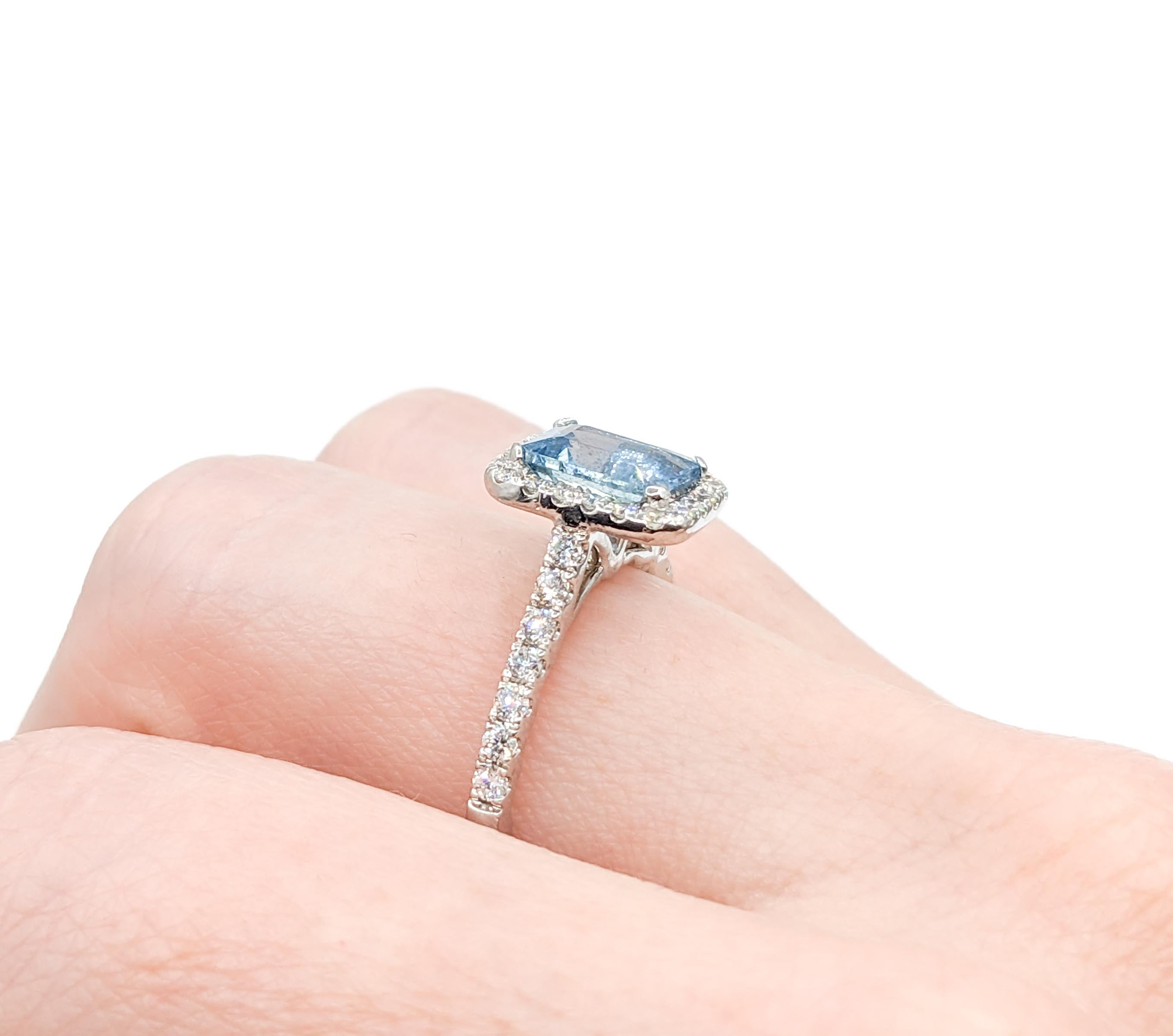 Contemporary Classic Halo Aquamarine & Diamond Engagement Ring in 14K White Gold For Sale