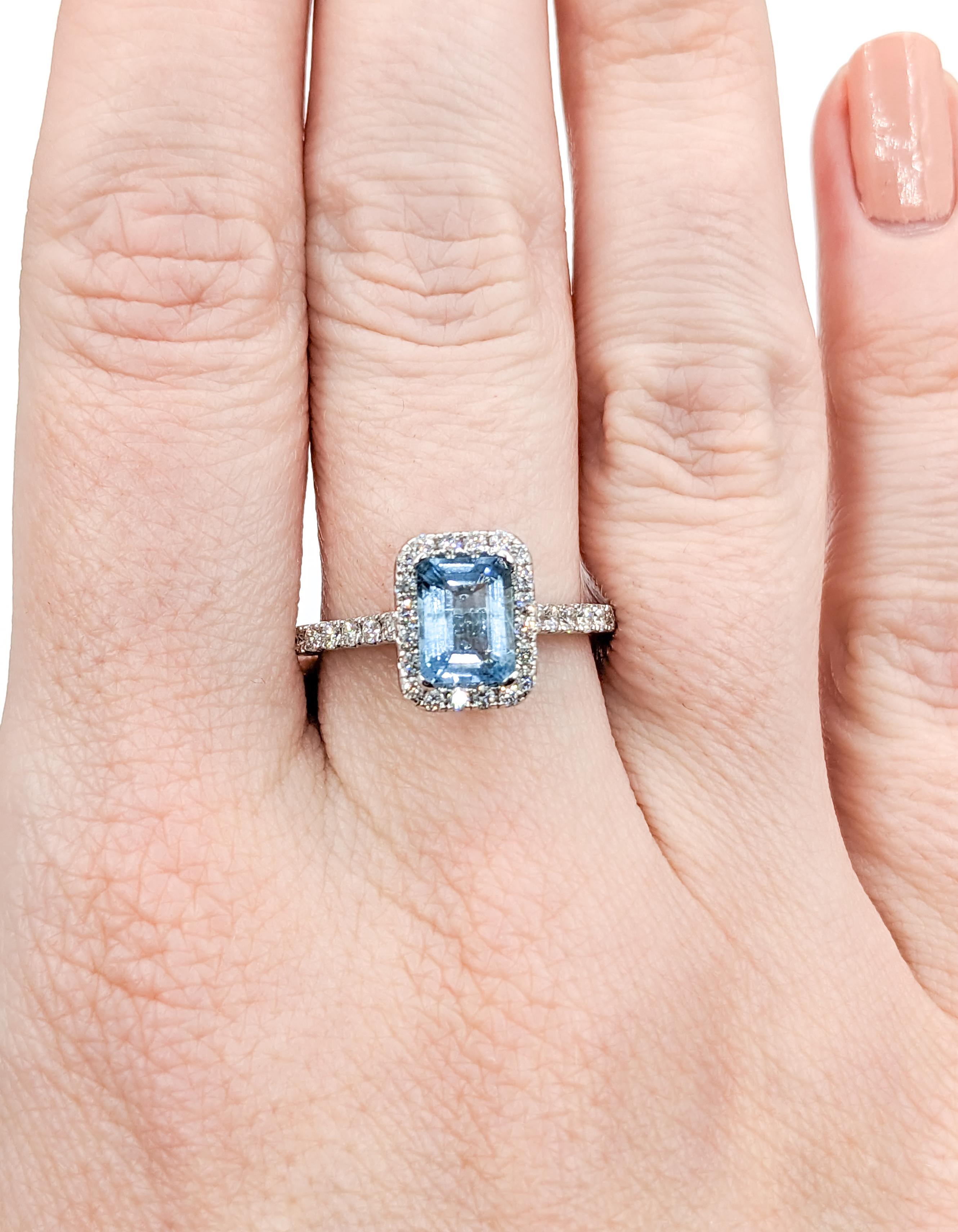 Emerald Cut Classic Halo Aquamarine & Diamond Engagement Ring in 14K White Gold For Sale