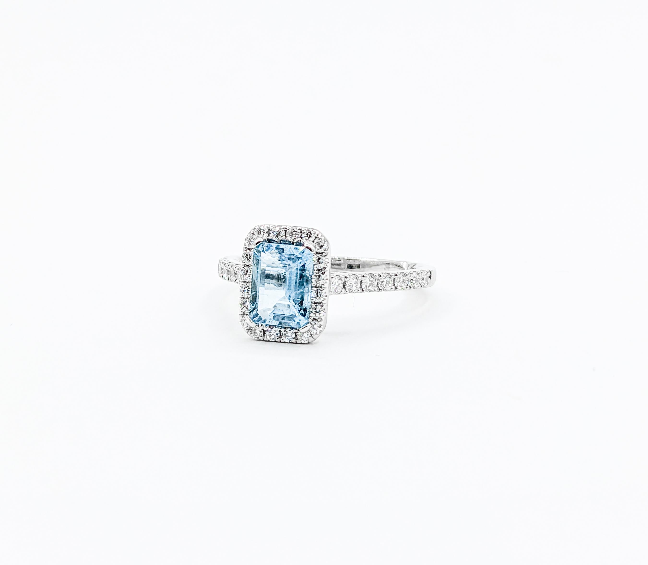 Classic Halo Aquamarine & Diamond Engagement Ring in 14K White Gold In Excellent Condition For Sale In Bloomington, MN