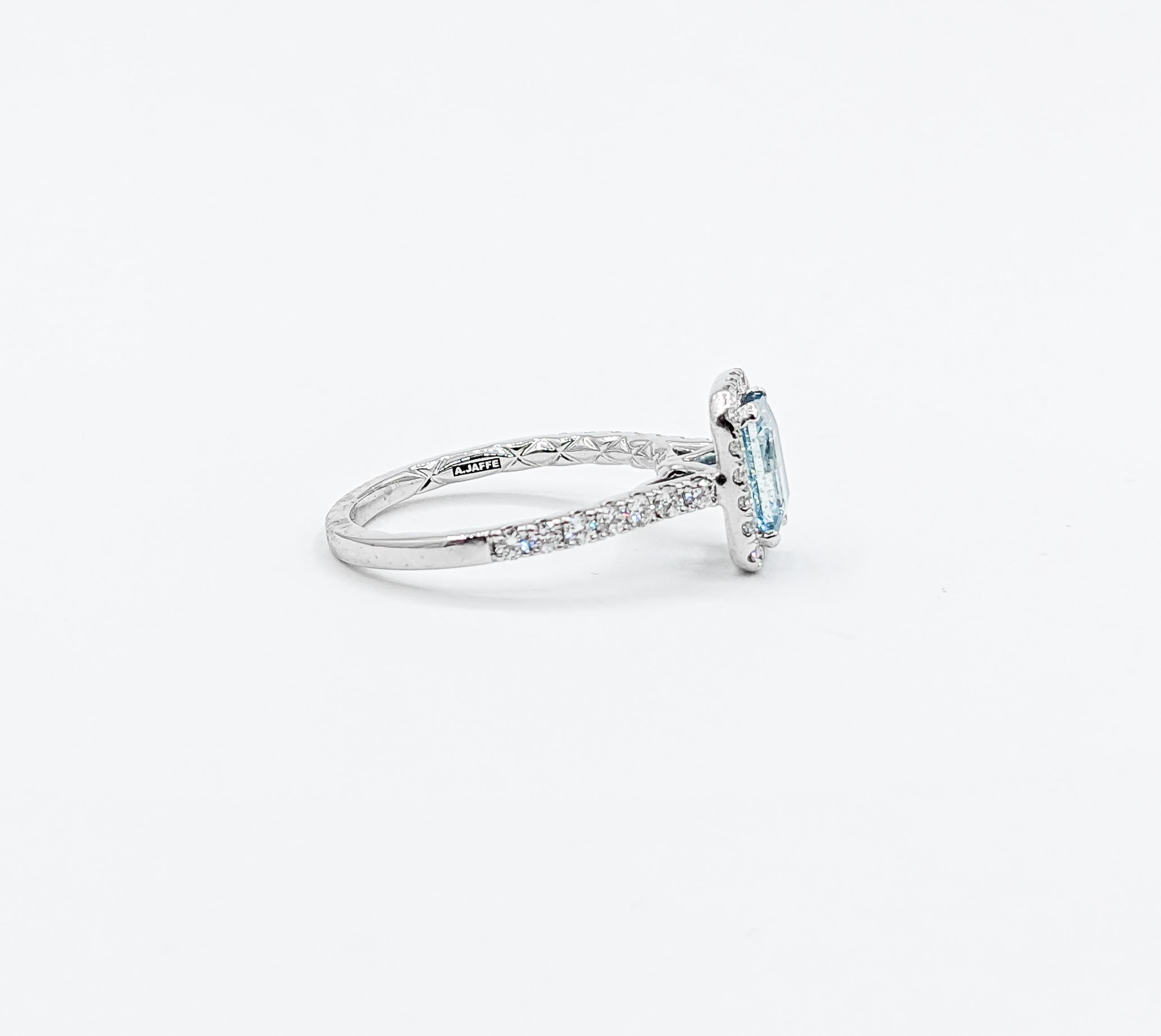 Women's Classic Halo Aquamarine & Diamond Engagement Ring in 14K White Gold For Sale