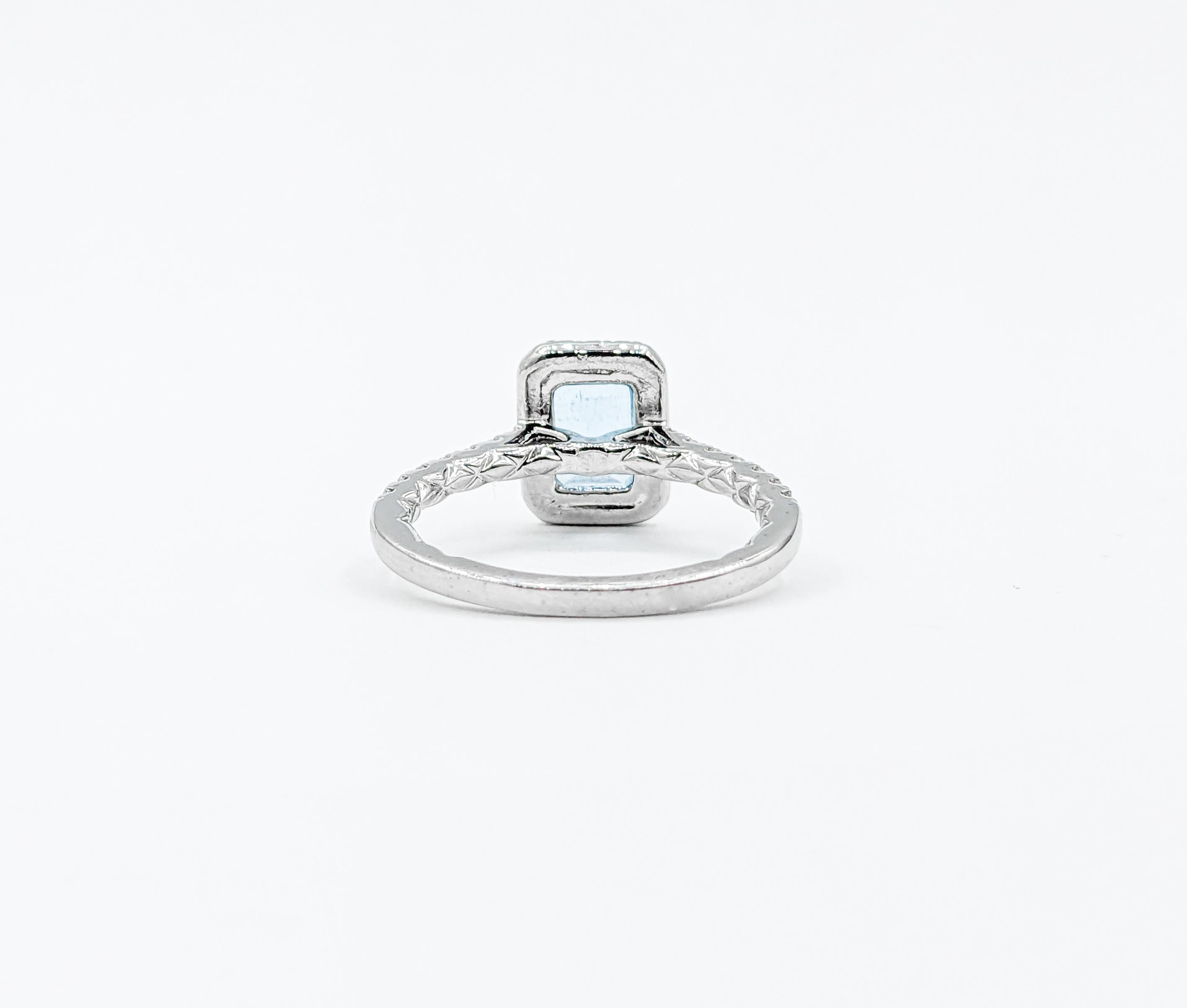 Classic Halo Aquamarine & Diamond Engagement Ring in 14K White Gold For Sale 1