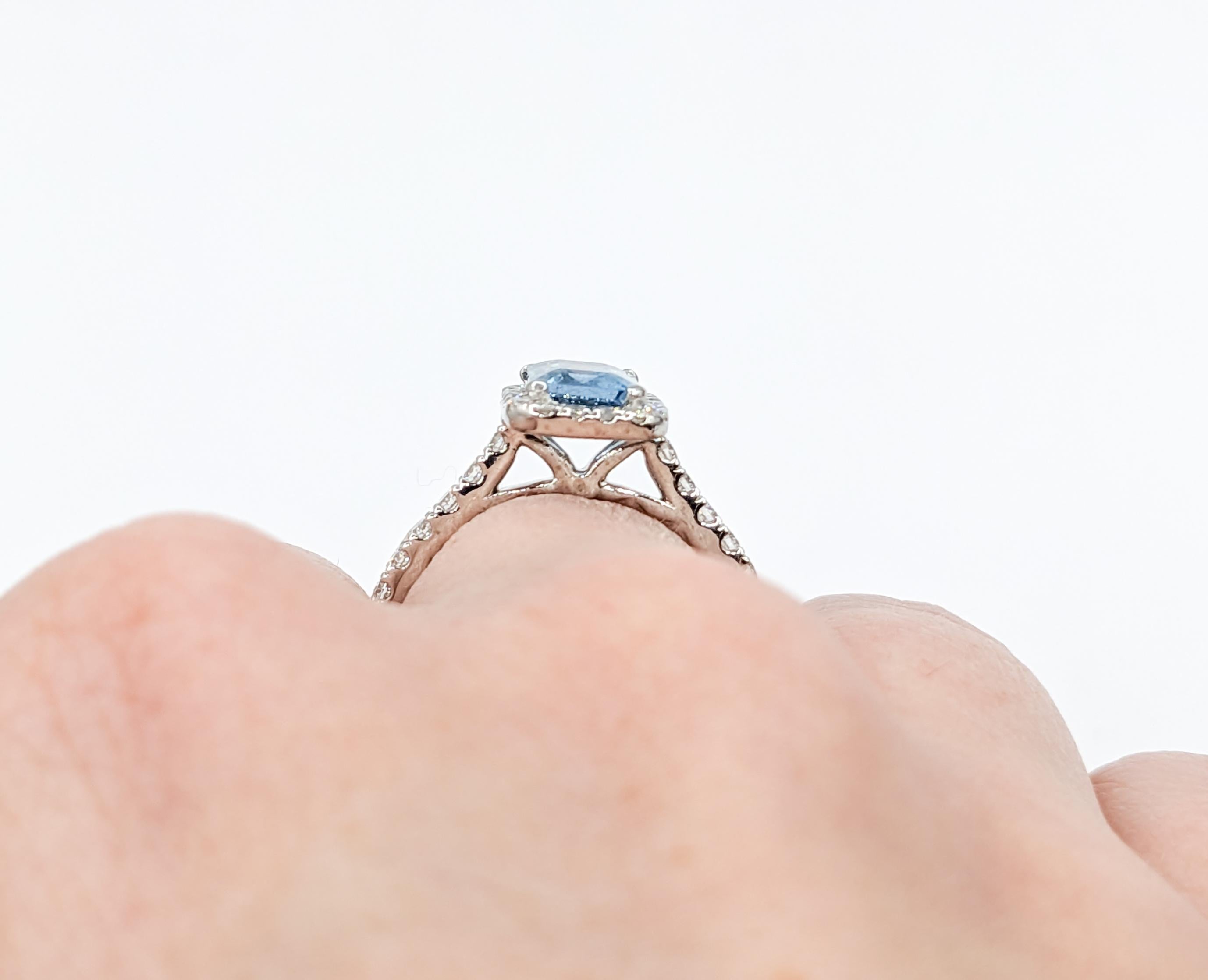 Classic Halo Aquamarine & Diamond Engagement Ring in 14K White Gold For Sale 3