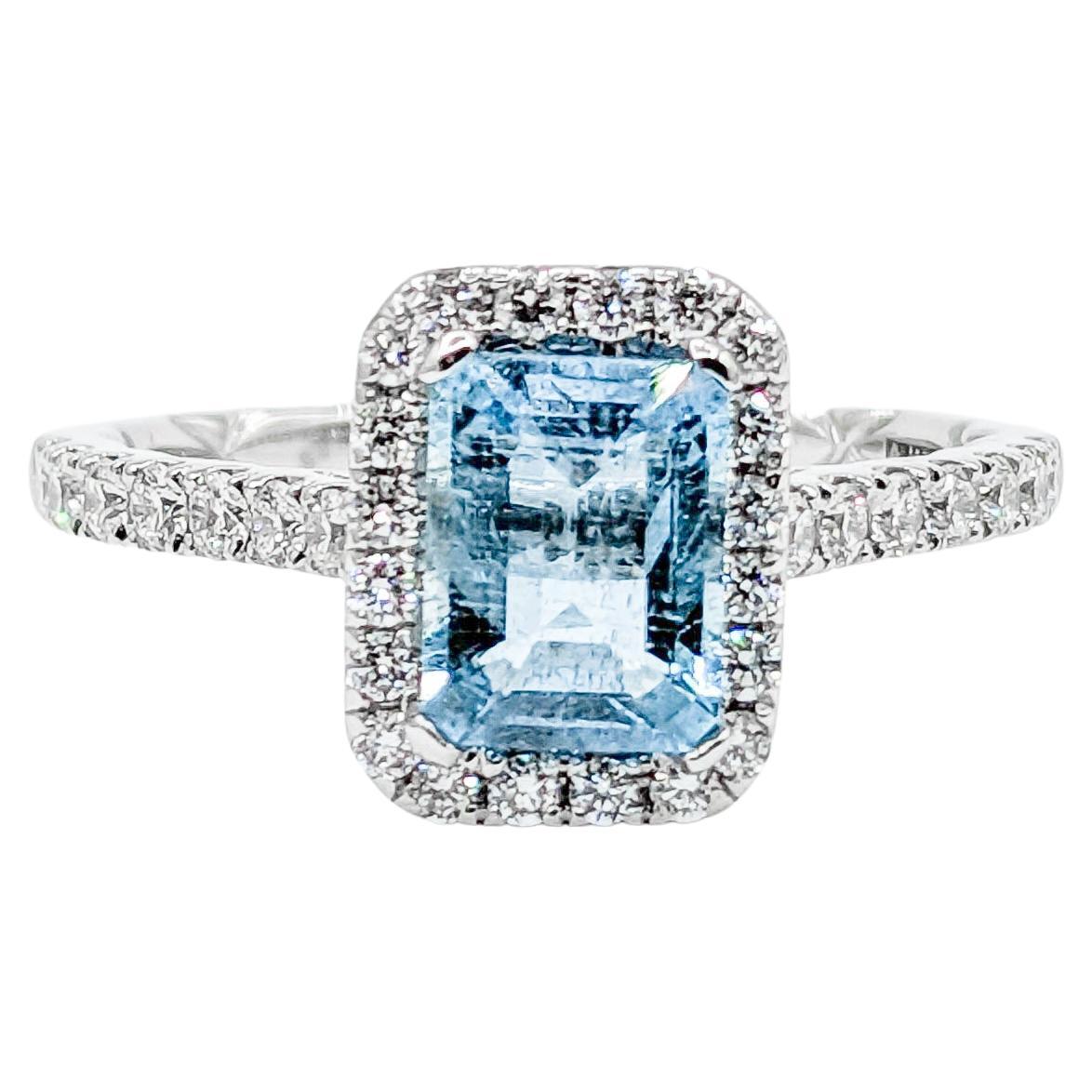 Classic Halo Aquamarine & Diamond Engagement Ring in 14K White Gold For Sale