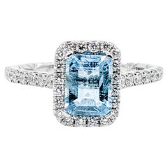 Classic Halo Aquamarine & Diamond Engagement Ring in 14K White Gold