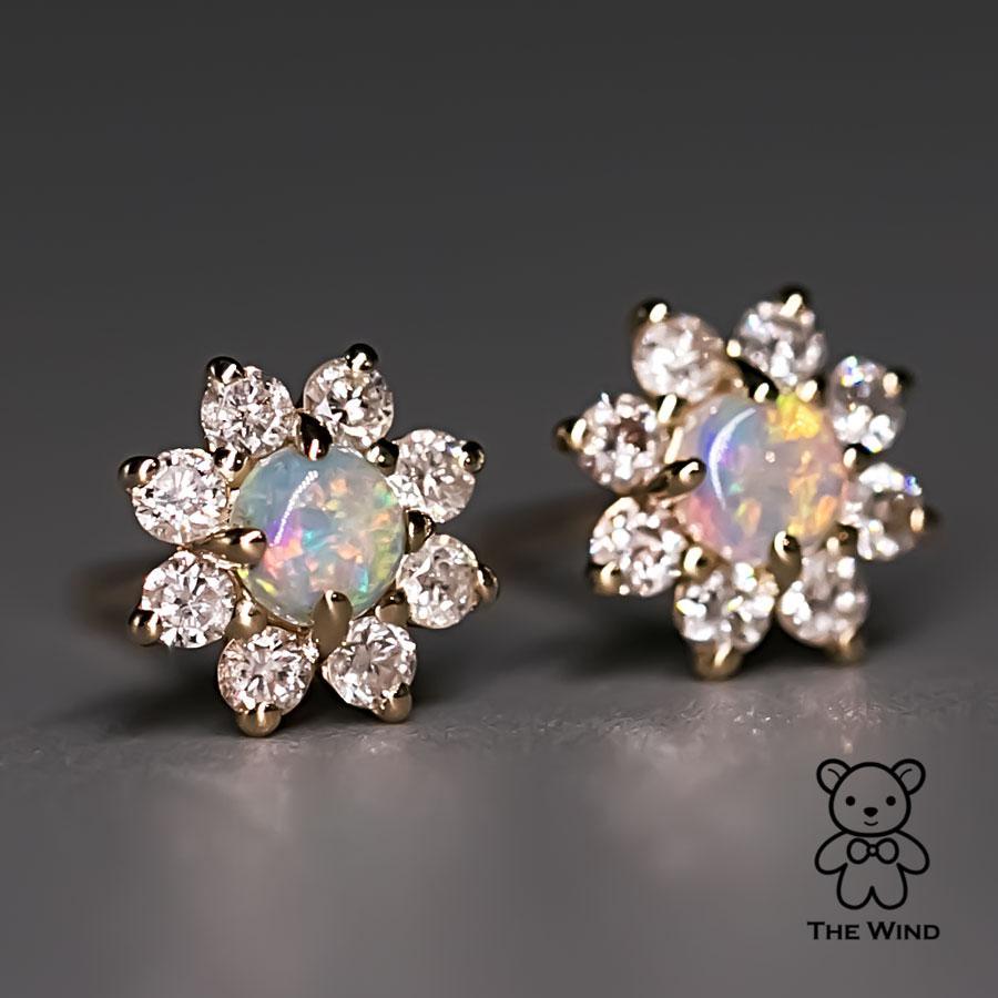 Classic Halo Australian Opal & Diamonds Stud Earrings 14K Yellow Gold In New Condition For Sale In Suwanee, GA