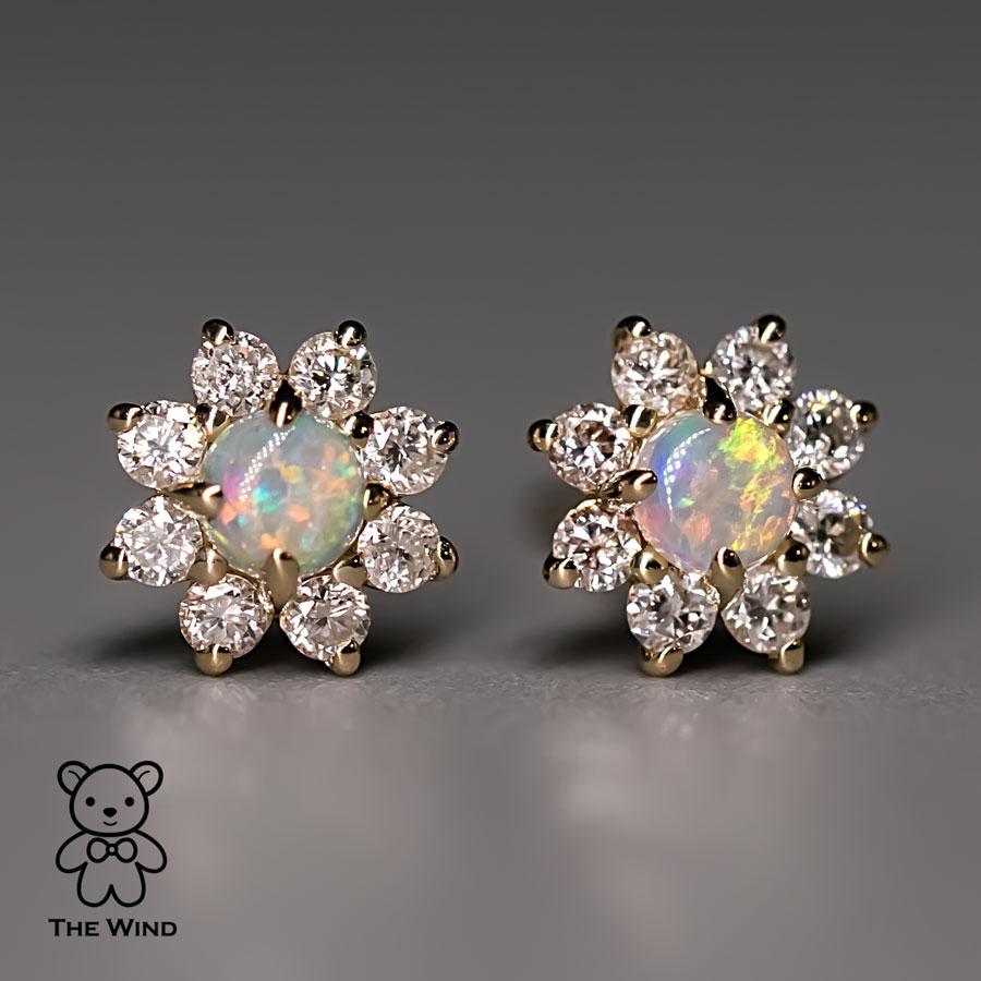 Women's or Men's Classic Halo Australian Opal & Diamonds Stud Earrings 14K Yellow Gold For Sale
