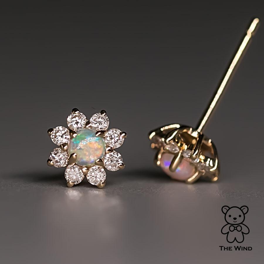 Classic Halo Australian Opal & Diamonds Stud Earrings 14K Yellow Gold For Sale 1