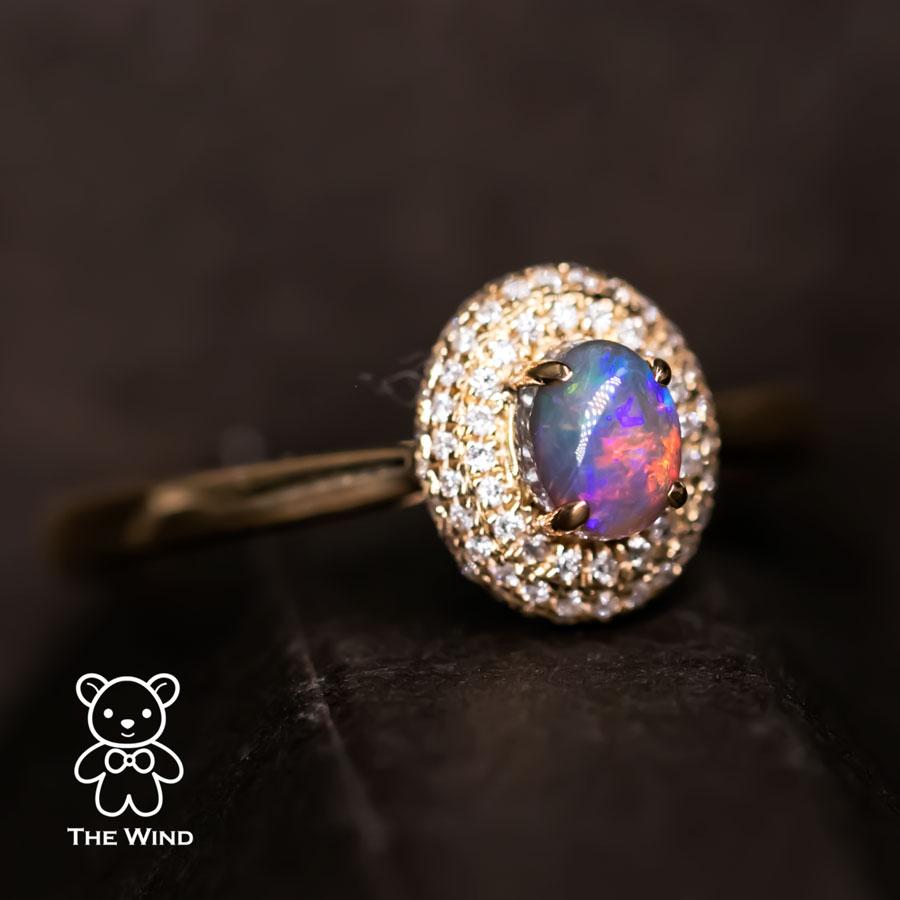 Brilliant Cut Classic Halo Design Australian Black Opal Diamond Engagement Ring 18K  For Sale