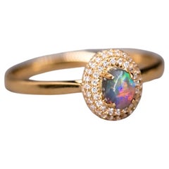 Classic Halo Design Australian Black Opal Diamond Engagement Ring 18K 