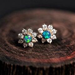 Classic Halo Design Black Opal Diamonds Stud Earrings 14K Yellow Gold