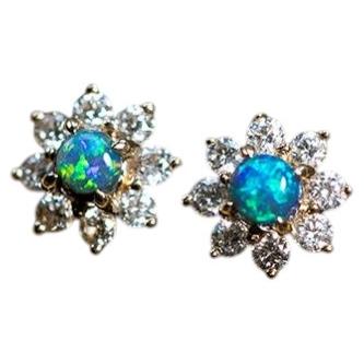 Klassische Halo Design Schwarzer Opal Diamanten Ohrstecker 14K Gelbgold im Angebot