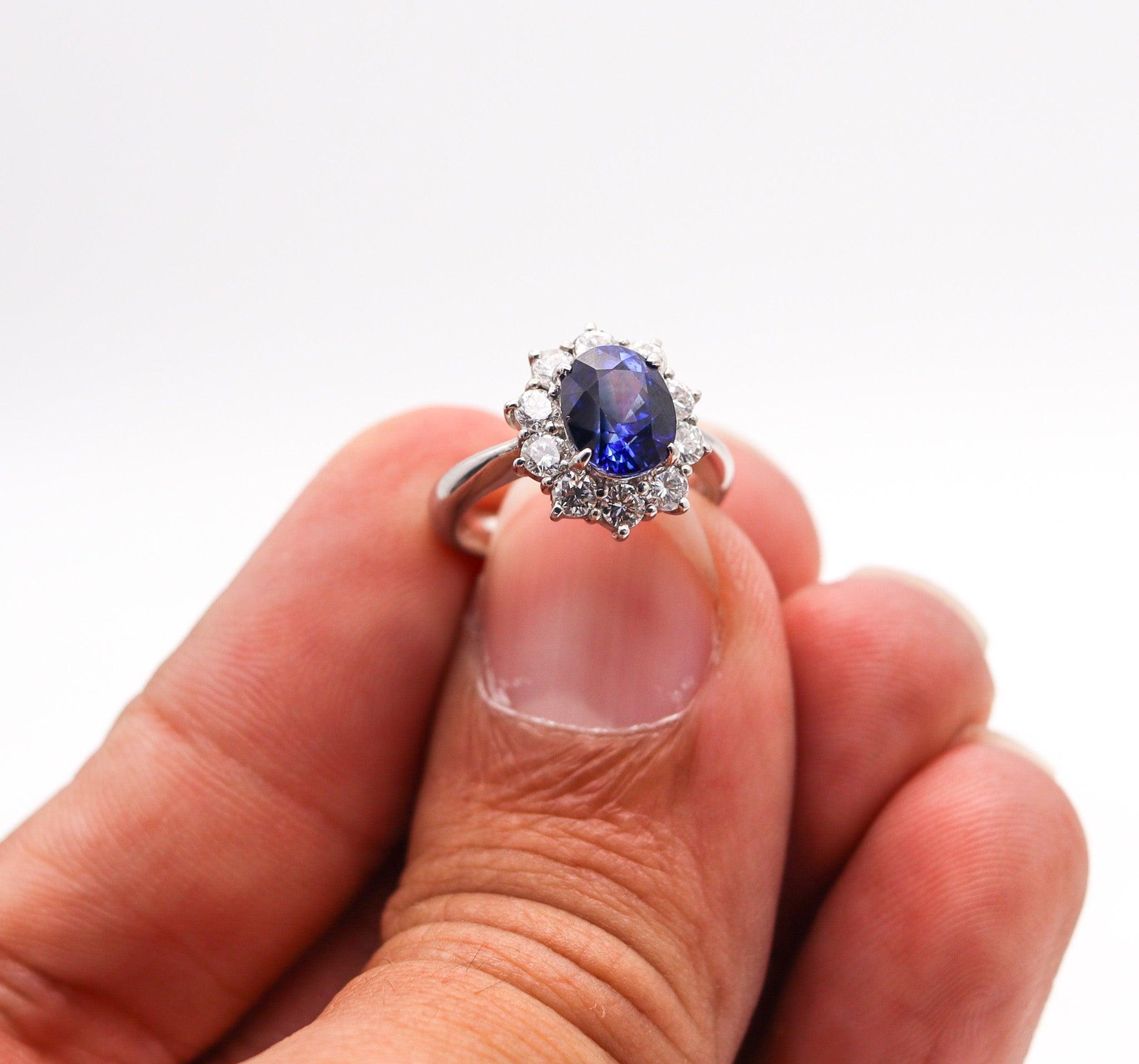 CLASSIC Halo Ring In Platinum With 3.14 Ctw In Sapphires And Diamonds For Sale 4