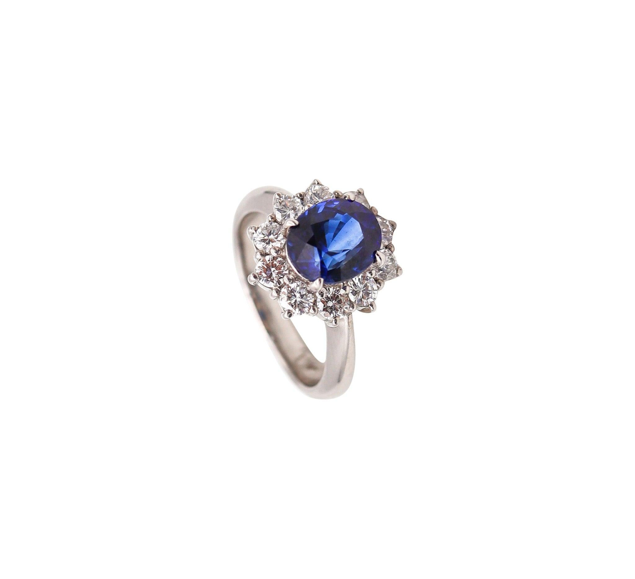 CLASSIC Halo Ring In Platinum With 3.14 Ctw In Sapphires And Diamonds For Sale 1