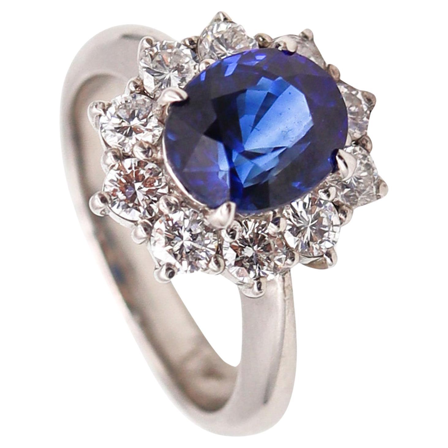 CLASSIC Halo Ring In Platinum With 3.14 Ctw In Sapphires And Diamonds For Sale