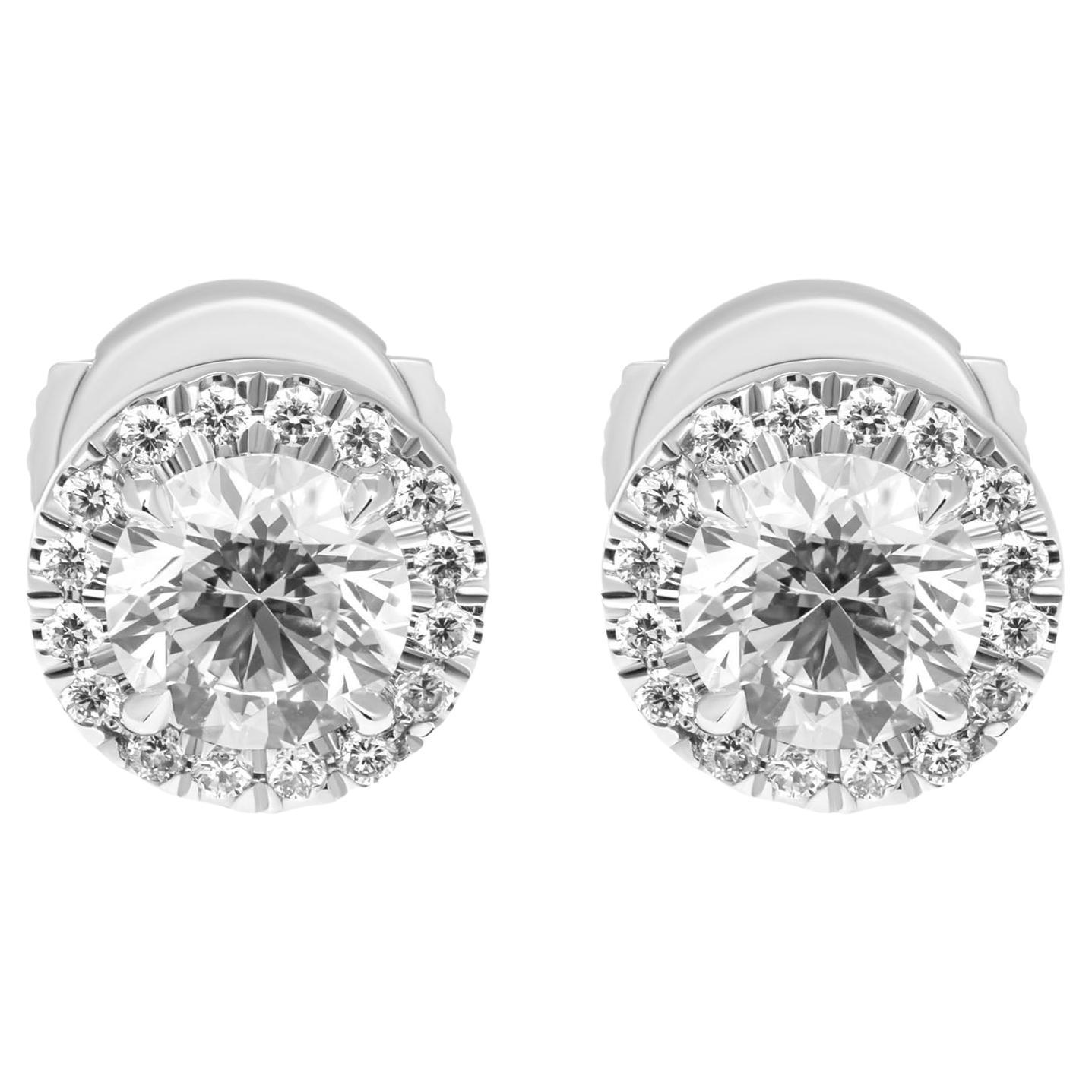  Classic halo with Round 0.70 carat Diamond studs in Platinum For Sale