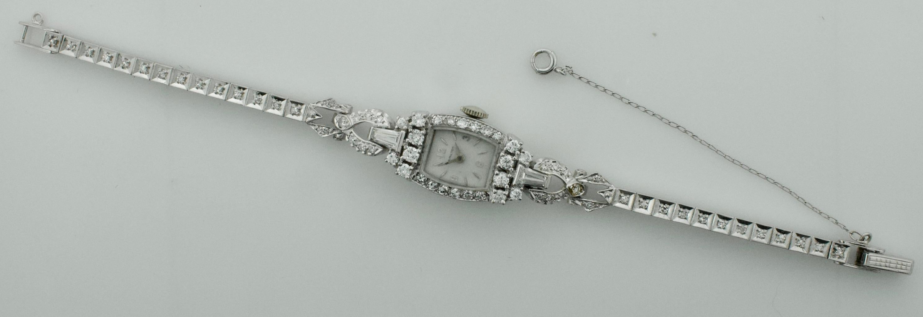 Baguette Cut Classic Hamilton Platinum Diamond Watch, circa 1930s 1.55 Carat For Sale