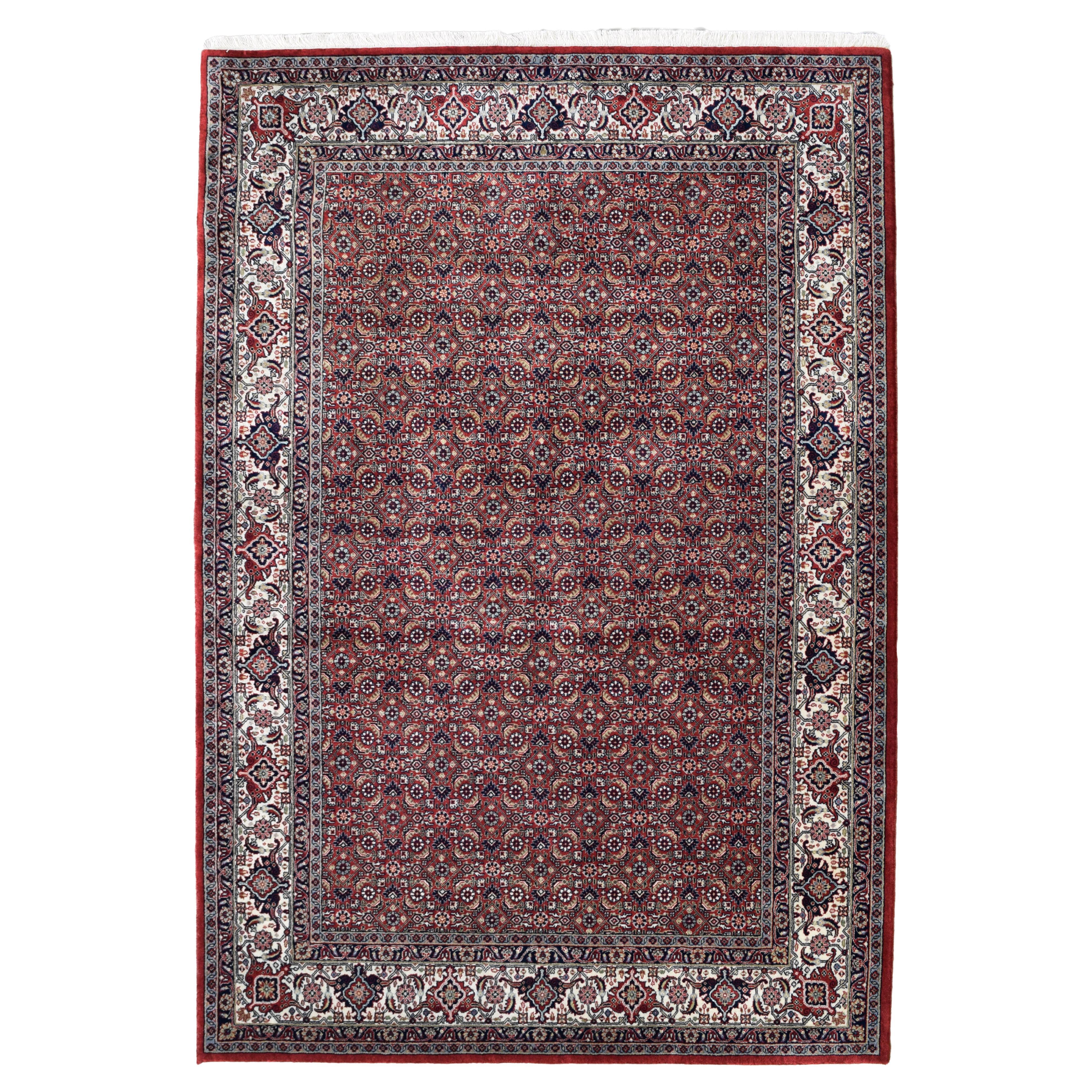 Classic Hand-Knotted Bidjar Carpet in Red, Indigo, and Cream Wool, 5' x 7'