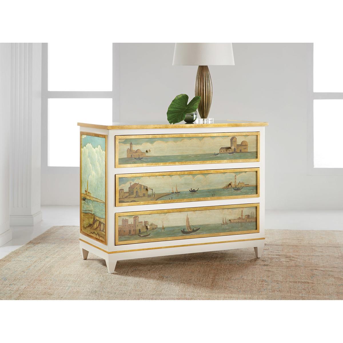 Classic Dresser, with beautifully hand-painted Italian harbor and coastal scenes in an 18th-century style. With three long drawers and painted case frames with gilded trim details. Raised on four short square tapered legs.

Dimensions: 46
