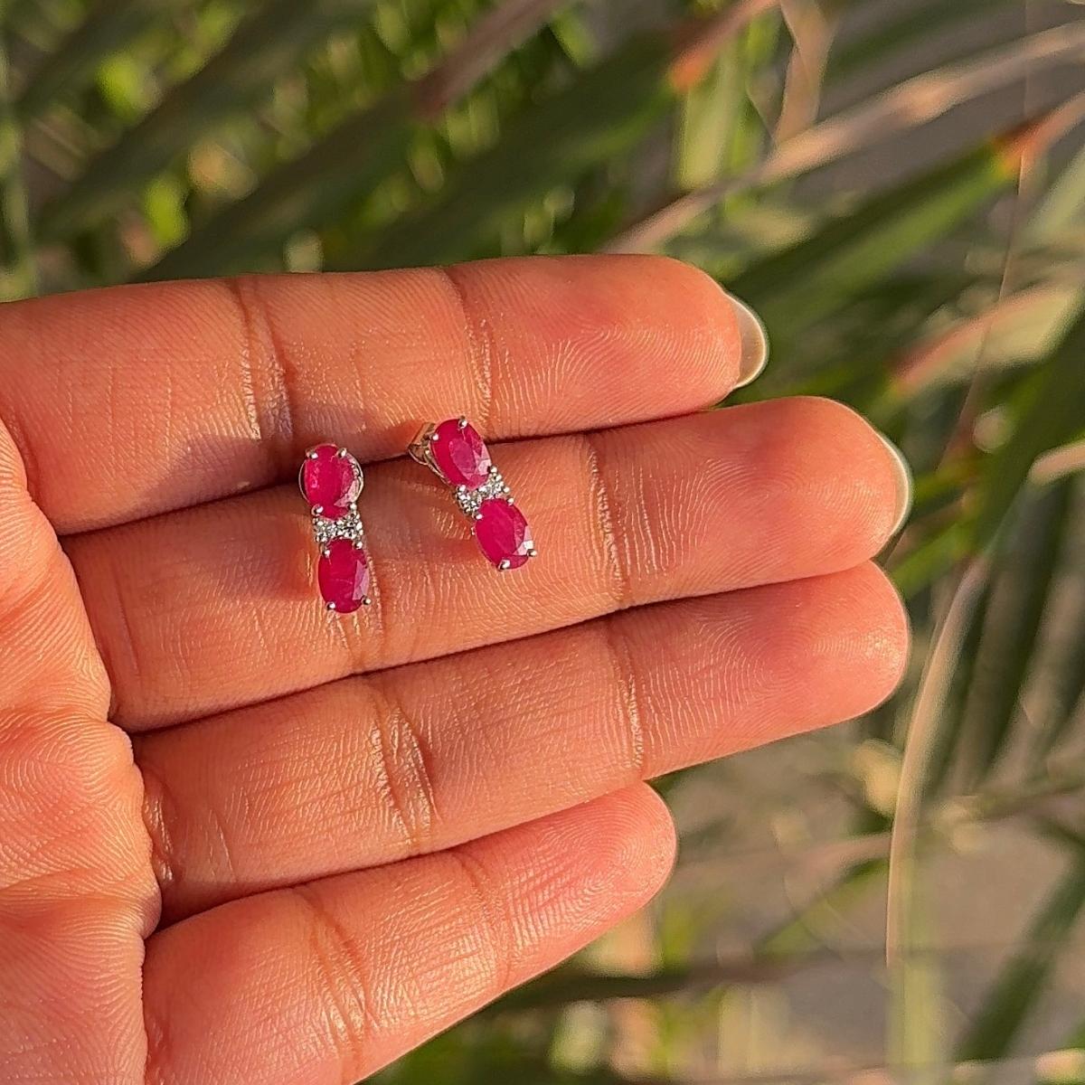 Mixed Cut Classic Handcrafted Ruby and Zircon Stud Earrings in Silver Luxury Jewelry Gift For Sale