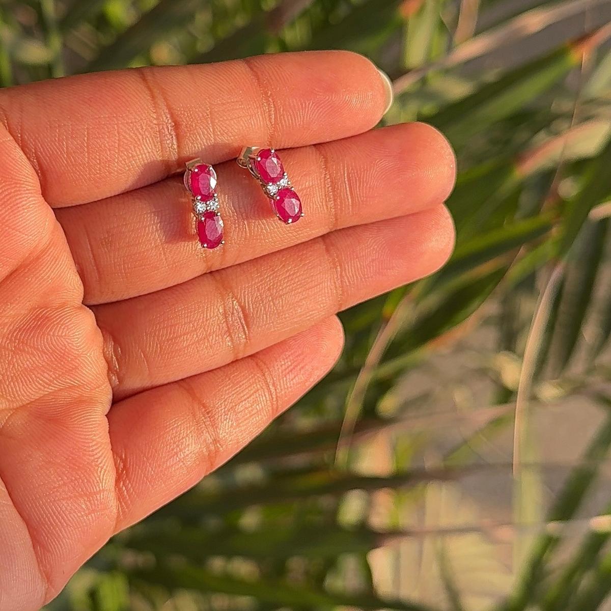 Classic Handcrafted Ruby and Zircon Stud Earrings in Silver Luxury Jewelry Gift For Sale 1