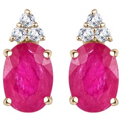 Classic Handcrafted Ruby Diamond Stud Earrings in 14k Solid Yellow Gold