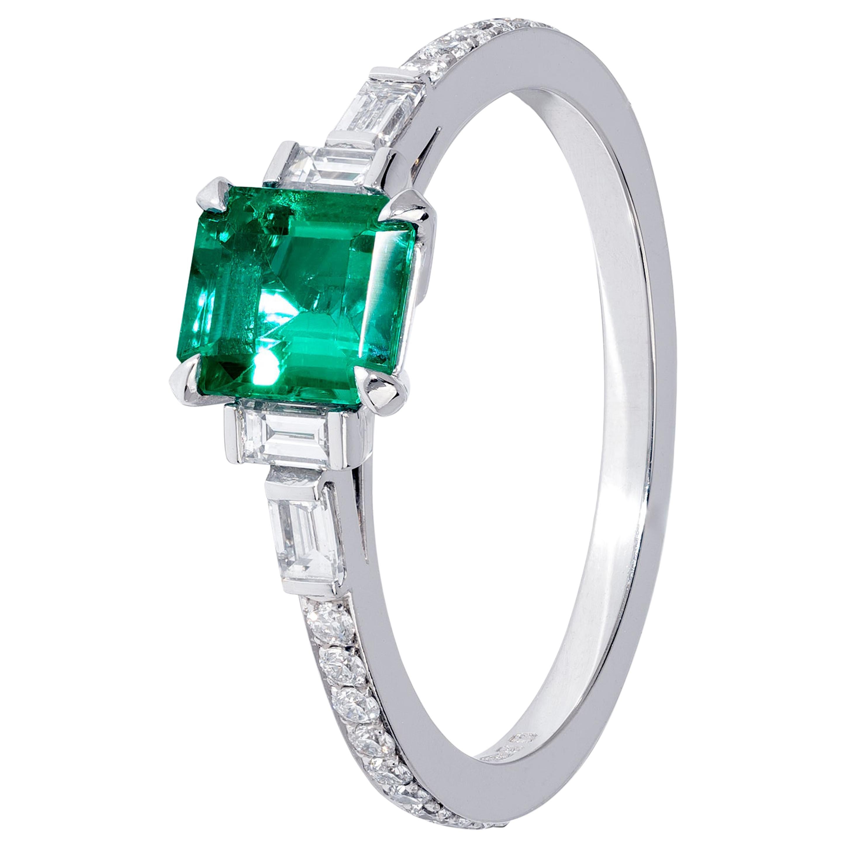 Classic Handmade Emerald Deco Ring in Platinum For Sale