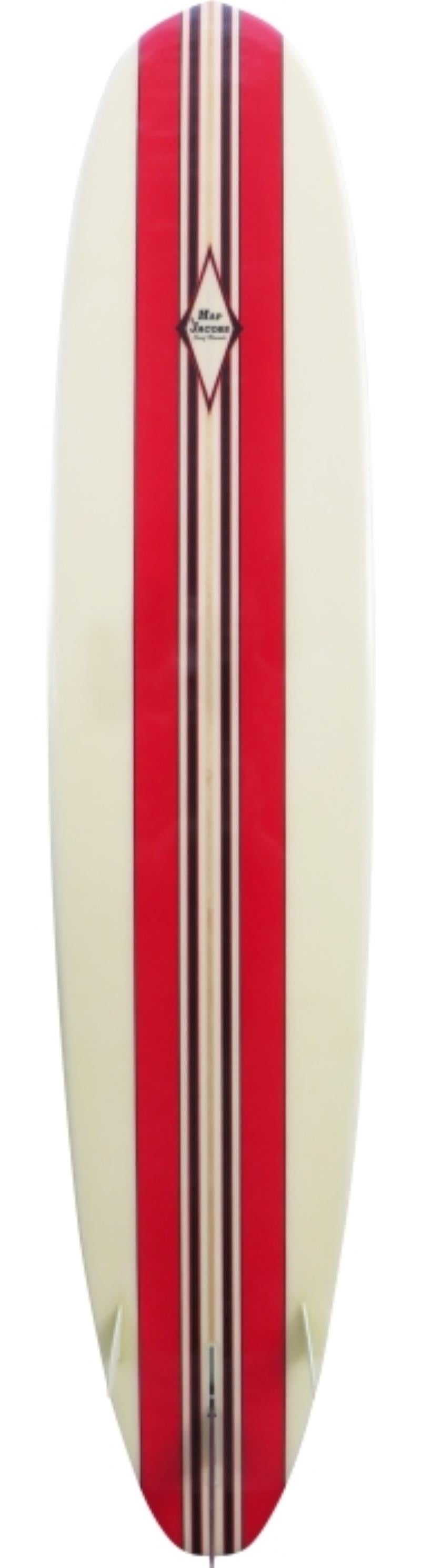 Collectible Hap Jacobs Classic longboard. Features beautiful red panels and black stripes with box single fin and side trailing fins. Shaped and signed by the legendary Hap Jacobs. A superb example of a Classic Hap Jacobs longboard surfboard in all